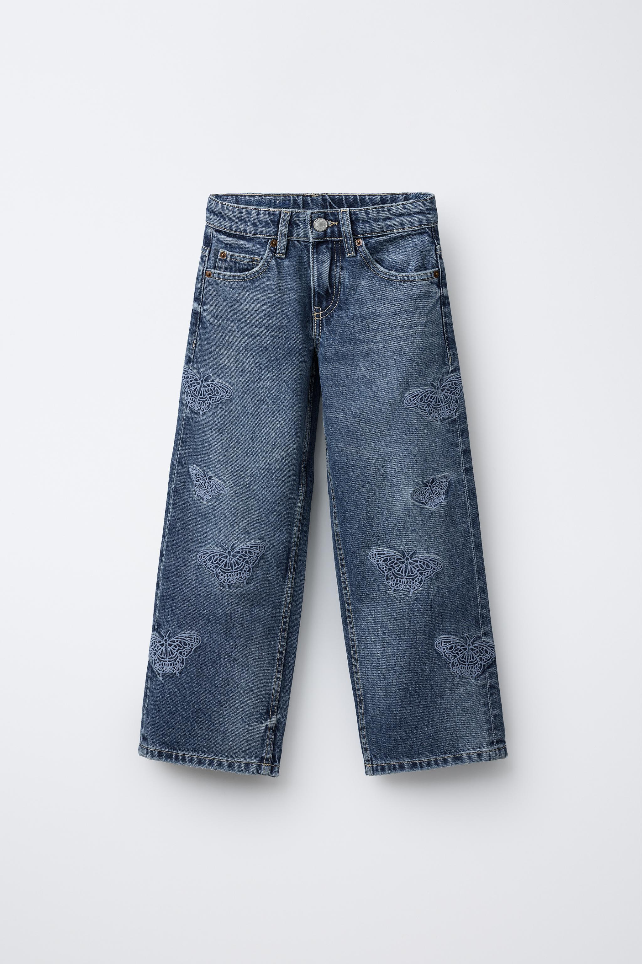 BUTTERFLY EMBROIDERED WIDE LEG JEANS