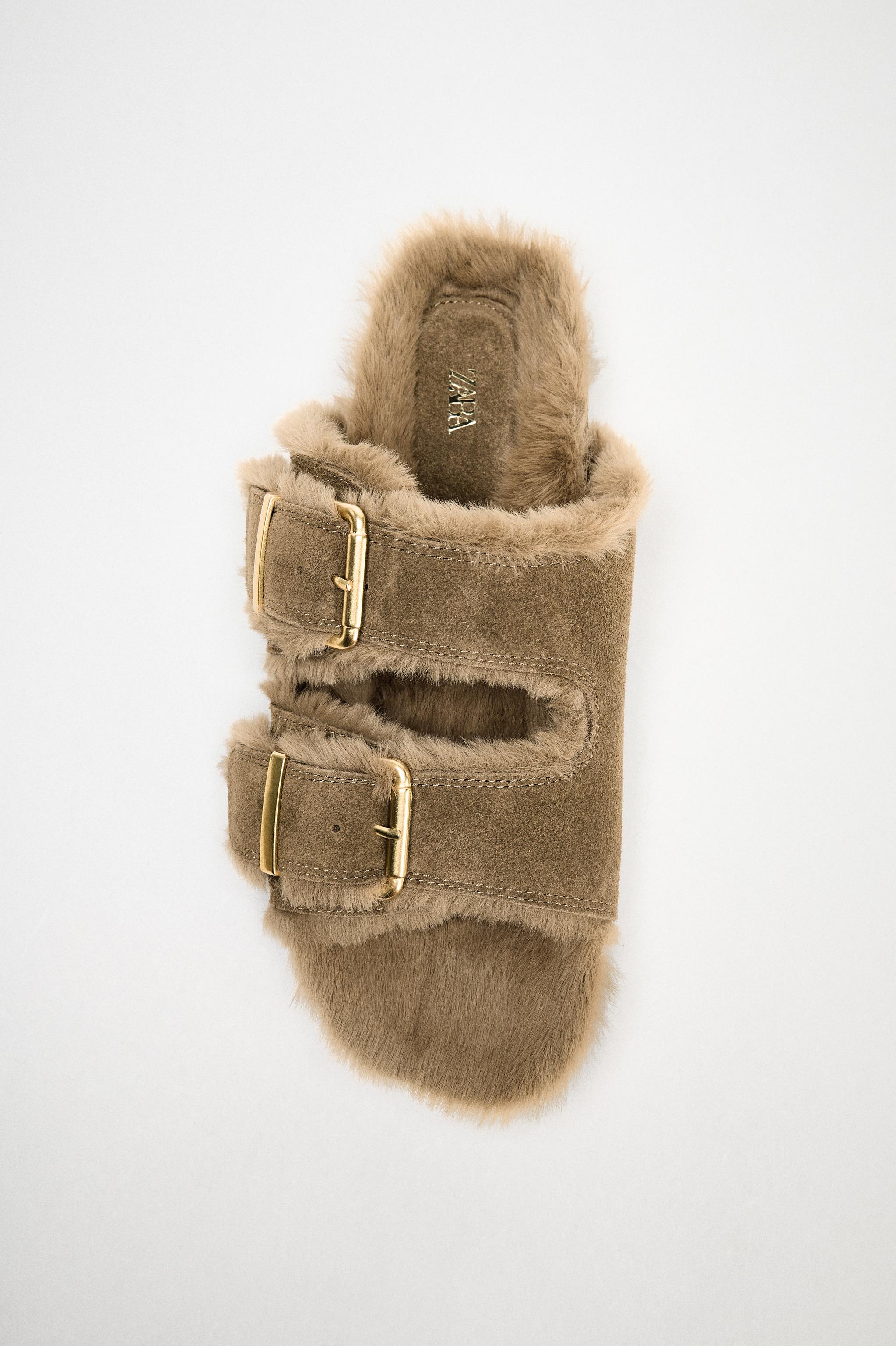 FAUX FUR FLAT BUCKLE SANDALS