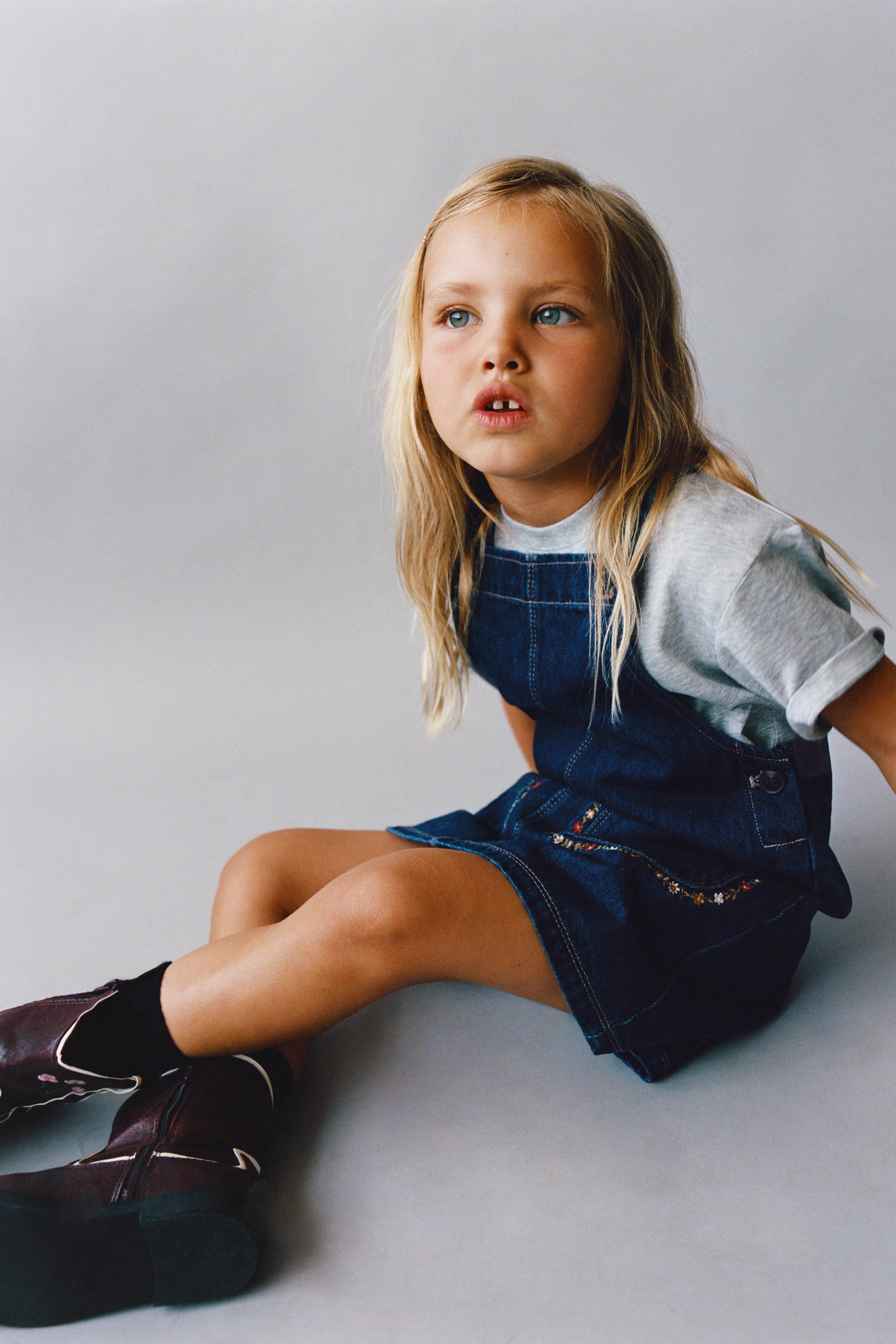 EMBROIDERED FLOWER DENIM OVERALL DRESS