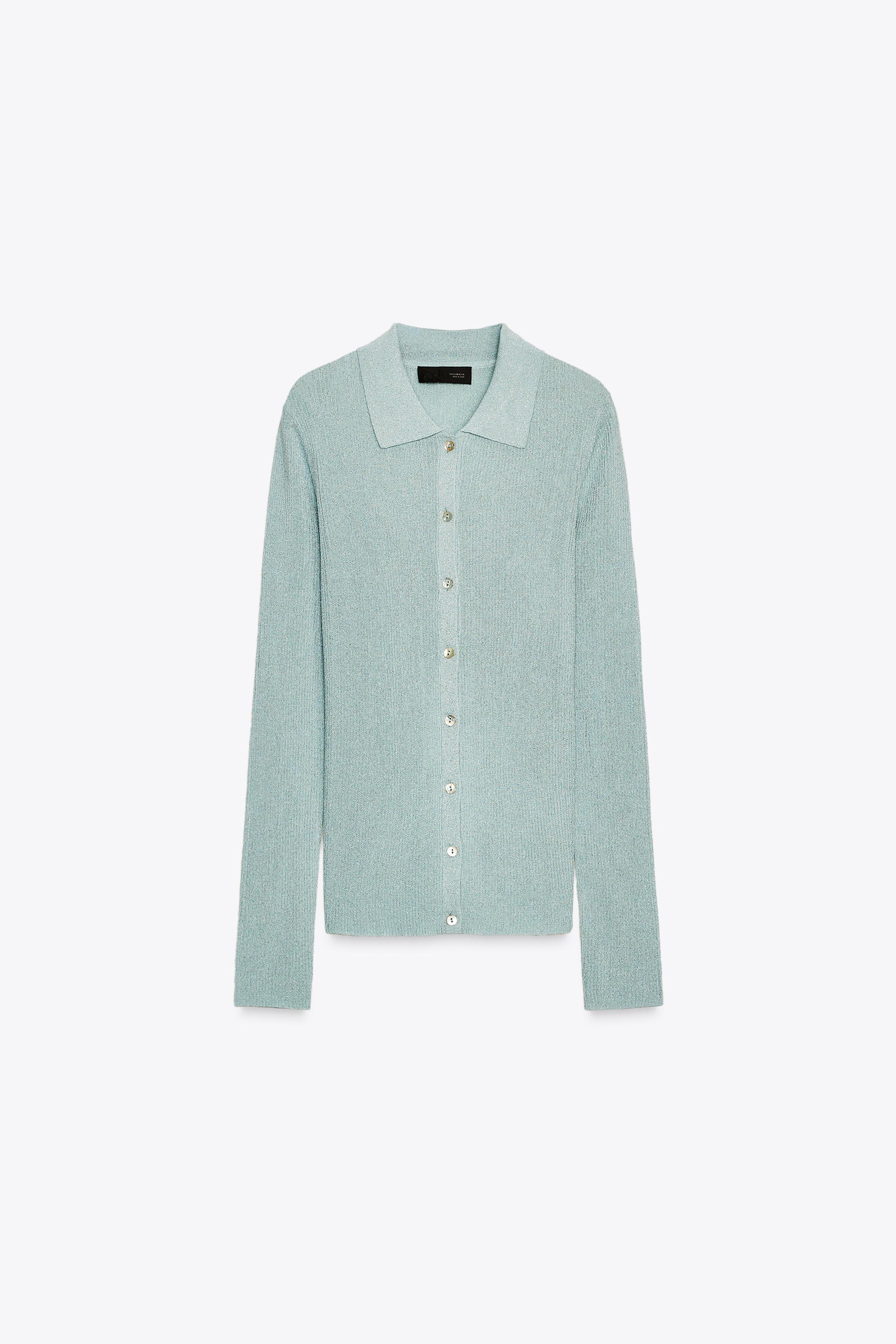 METALLIC THREAD KNIT POLO TOP