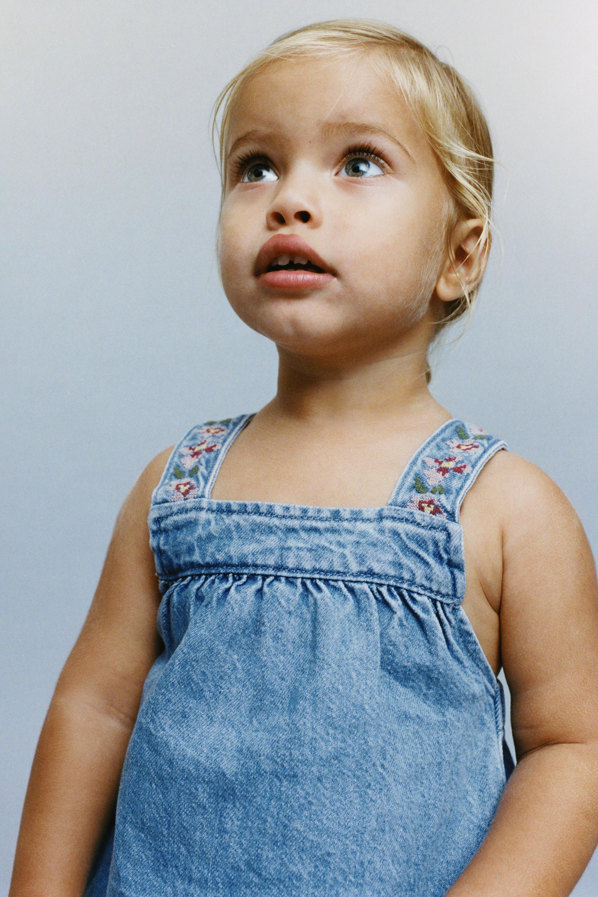 EMBROIDERED DENIM PINAFORE DRESS AND BLOOMERS