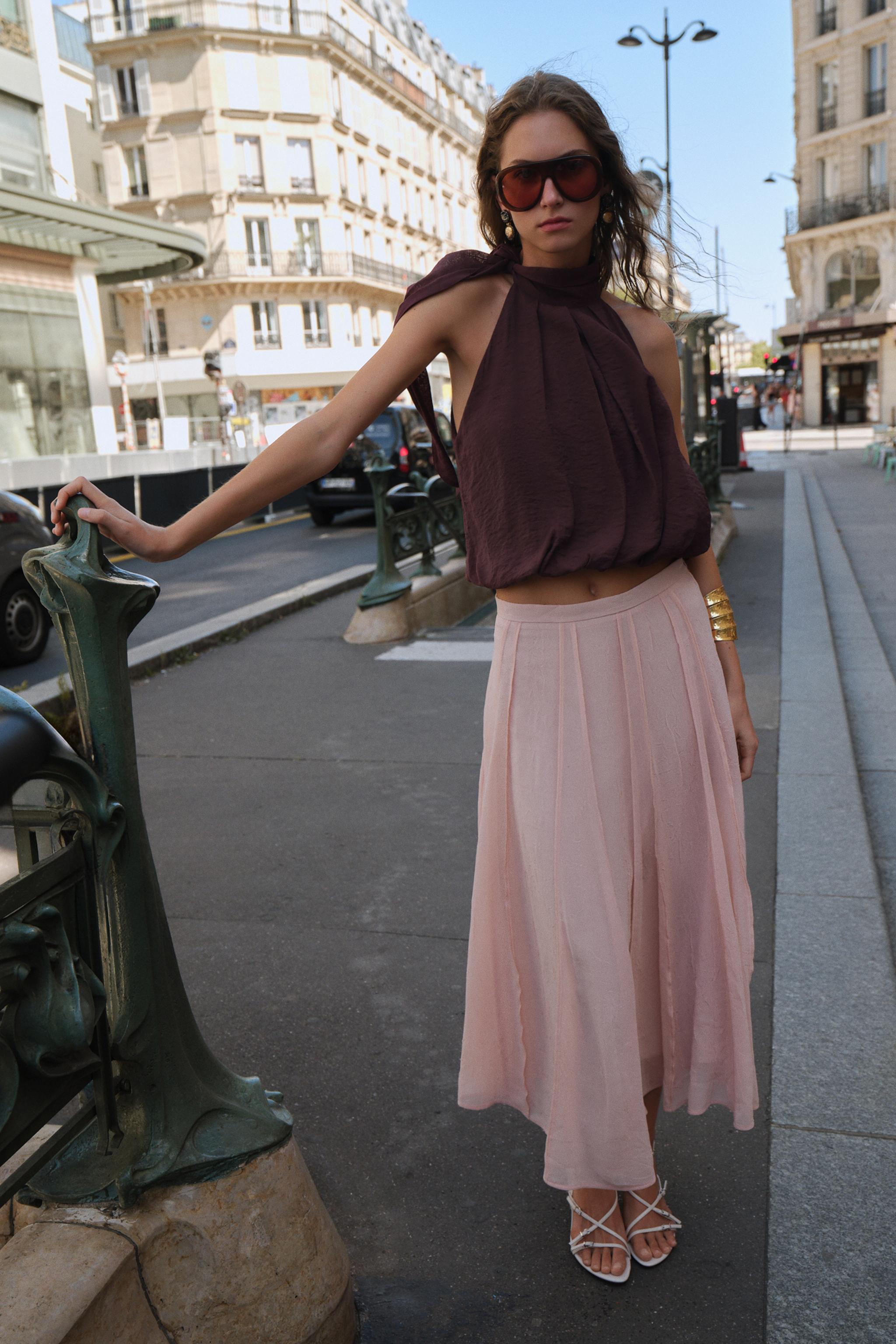 SEMI-SHEER TOPSTITCHED MIDI SKIRT