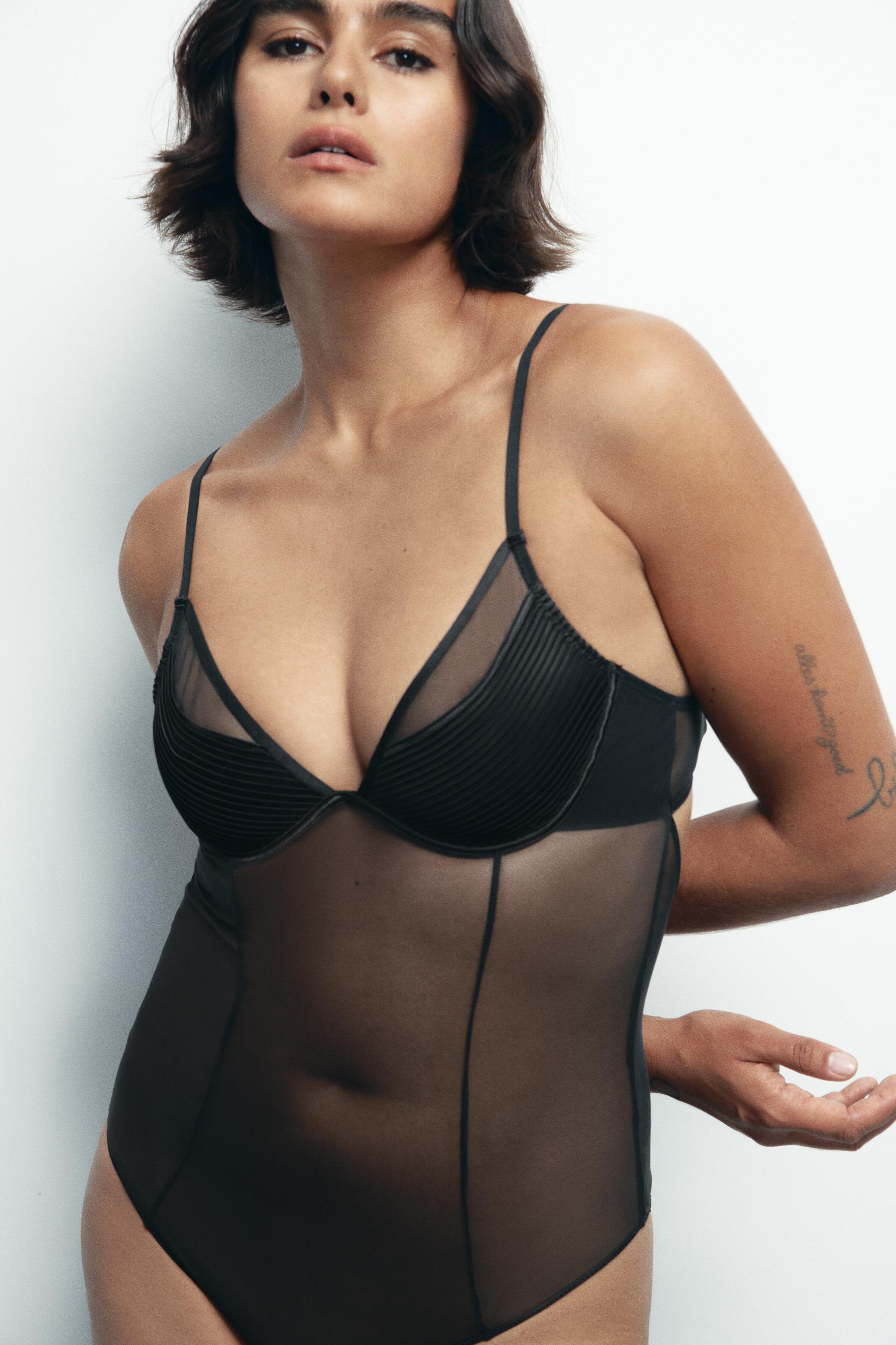 SEMI-SHEER PLEATED BODYSUIT