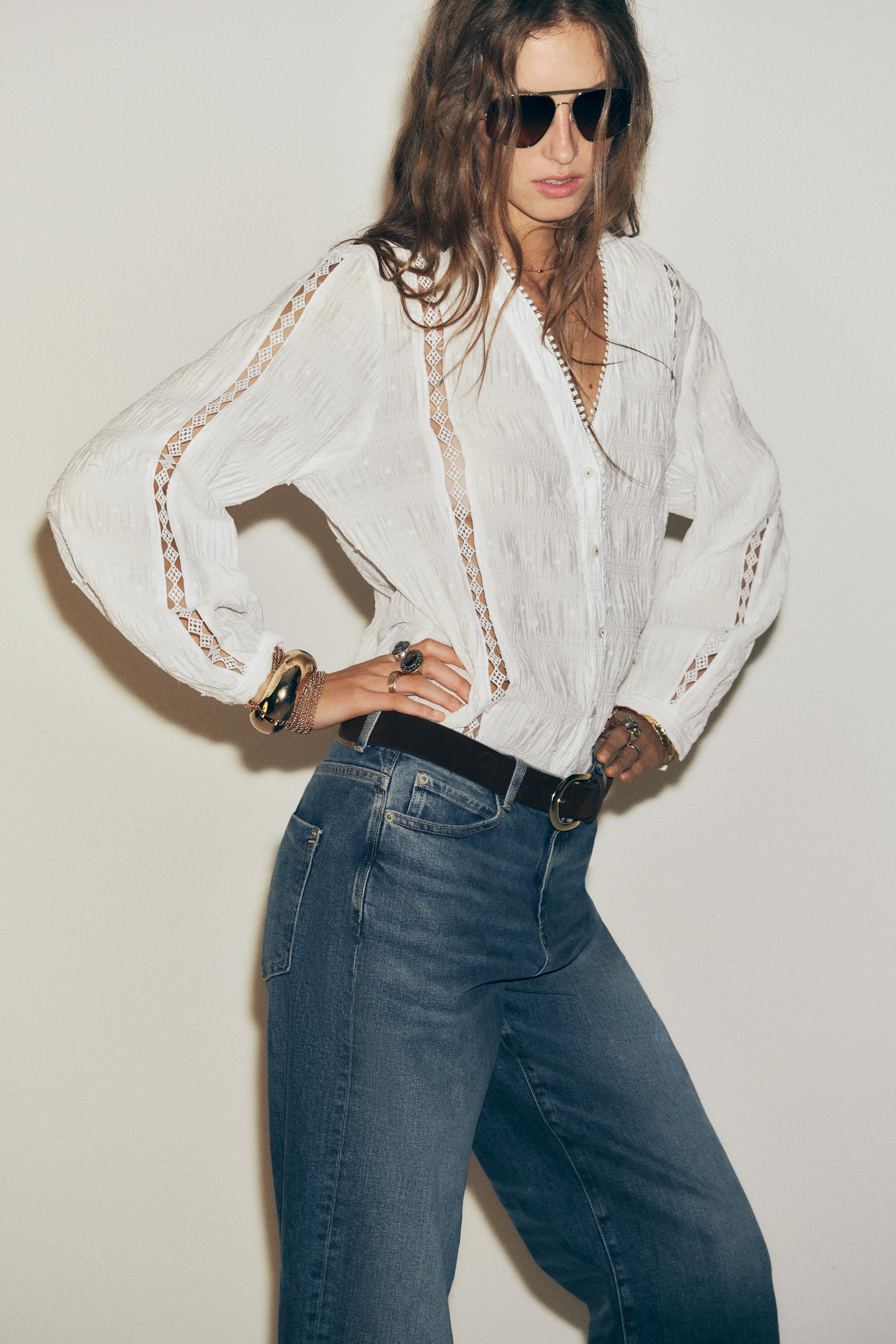 DOTTED MESH LACE TRIM BLOUSE