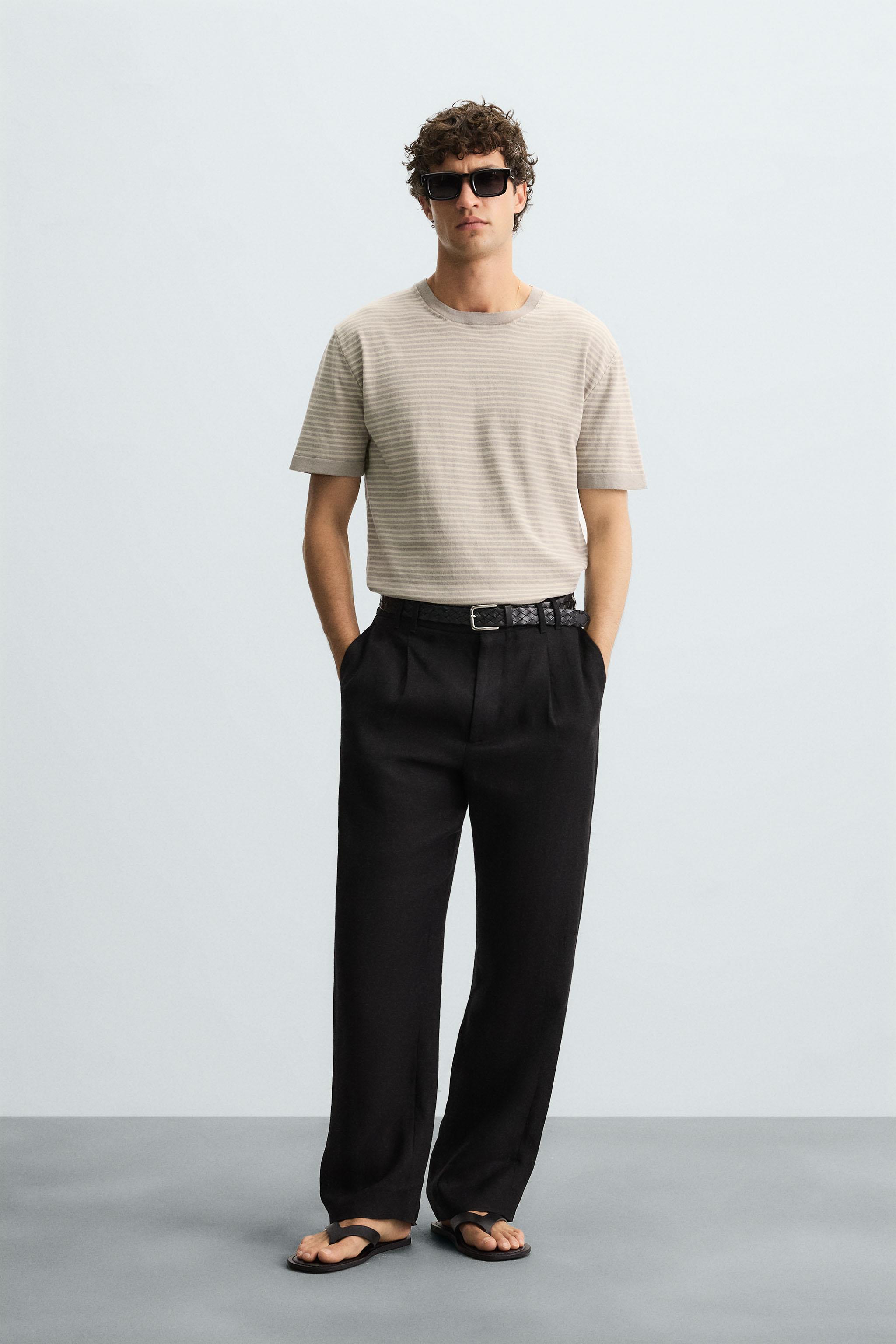 STRIPED COTTON LINEN KNIT T-SHIRT