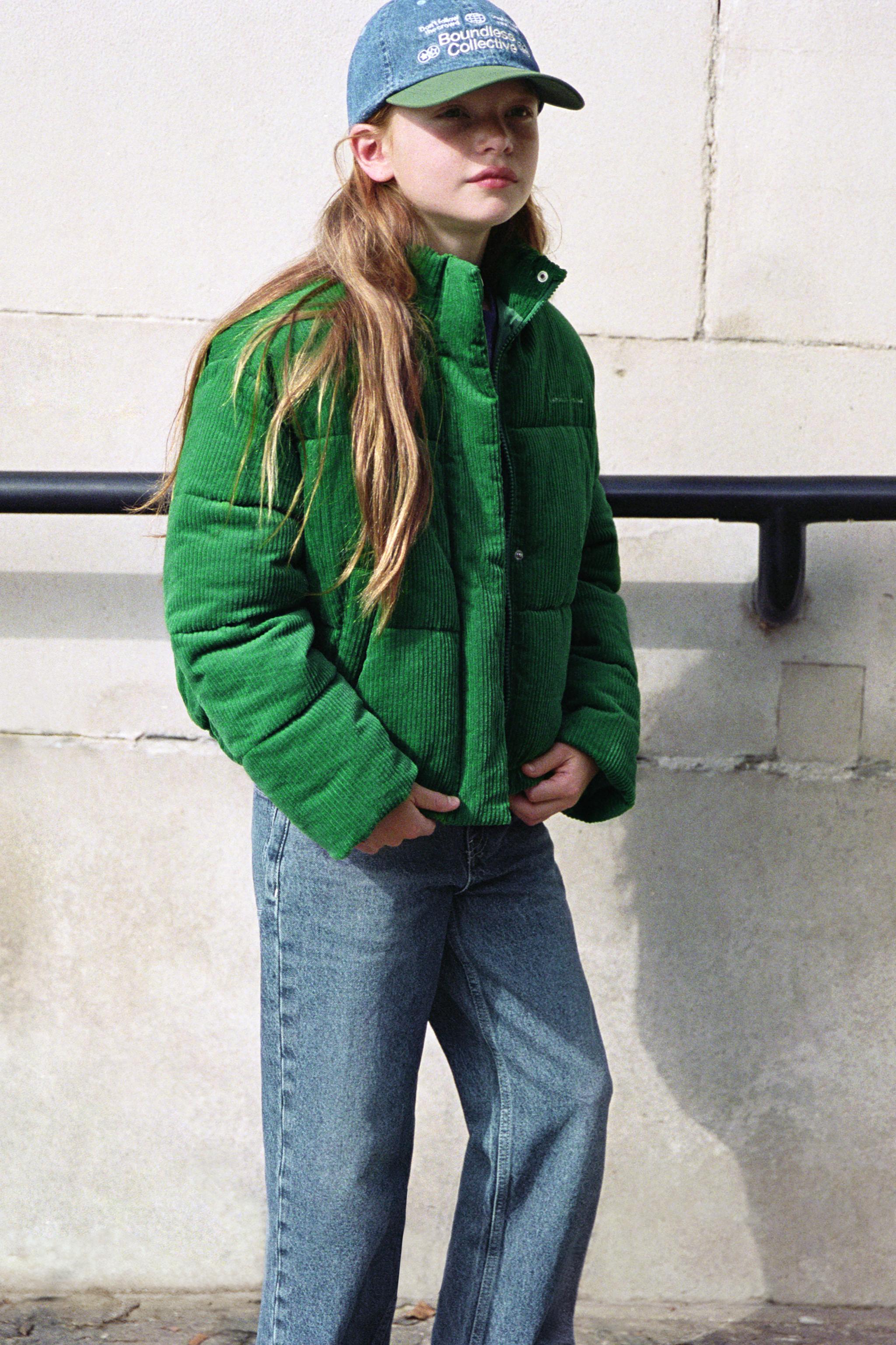 EMBROIDERED TEXT CORDUROY PUFFER JACKET