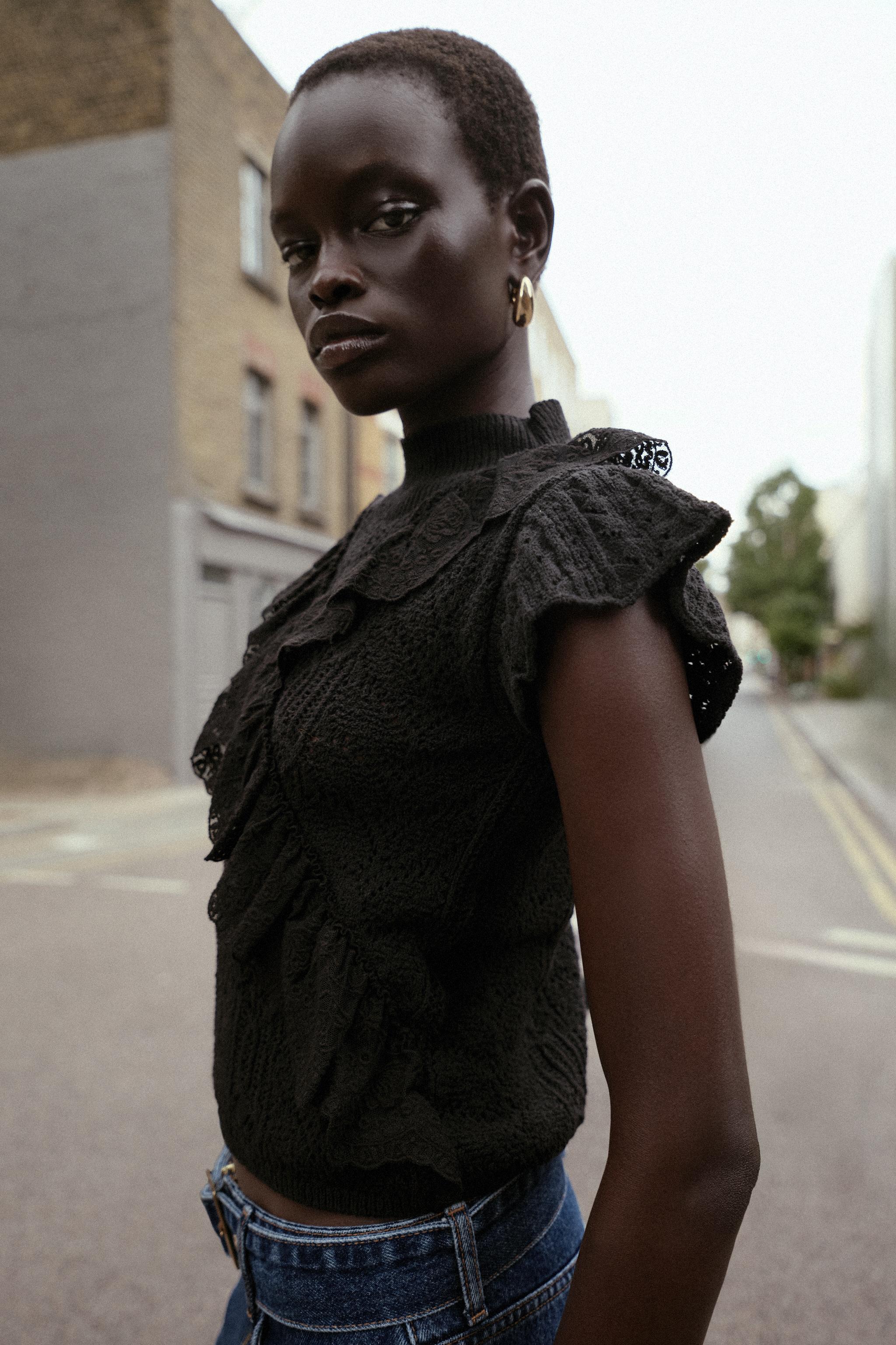 POINTELLE KNIT RUFFLED TOP