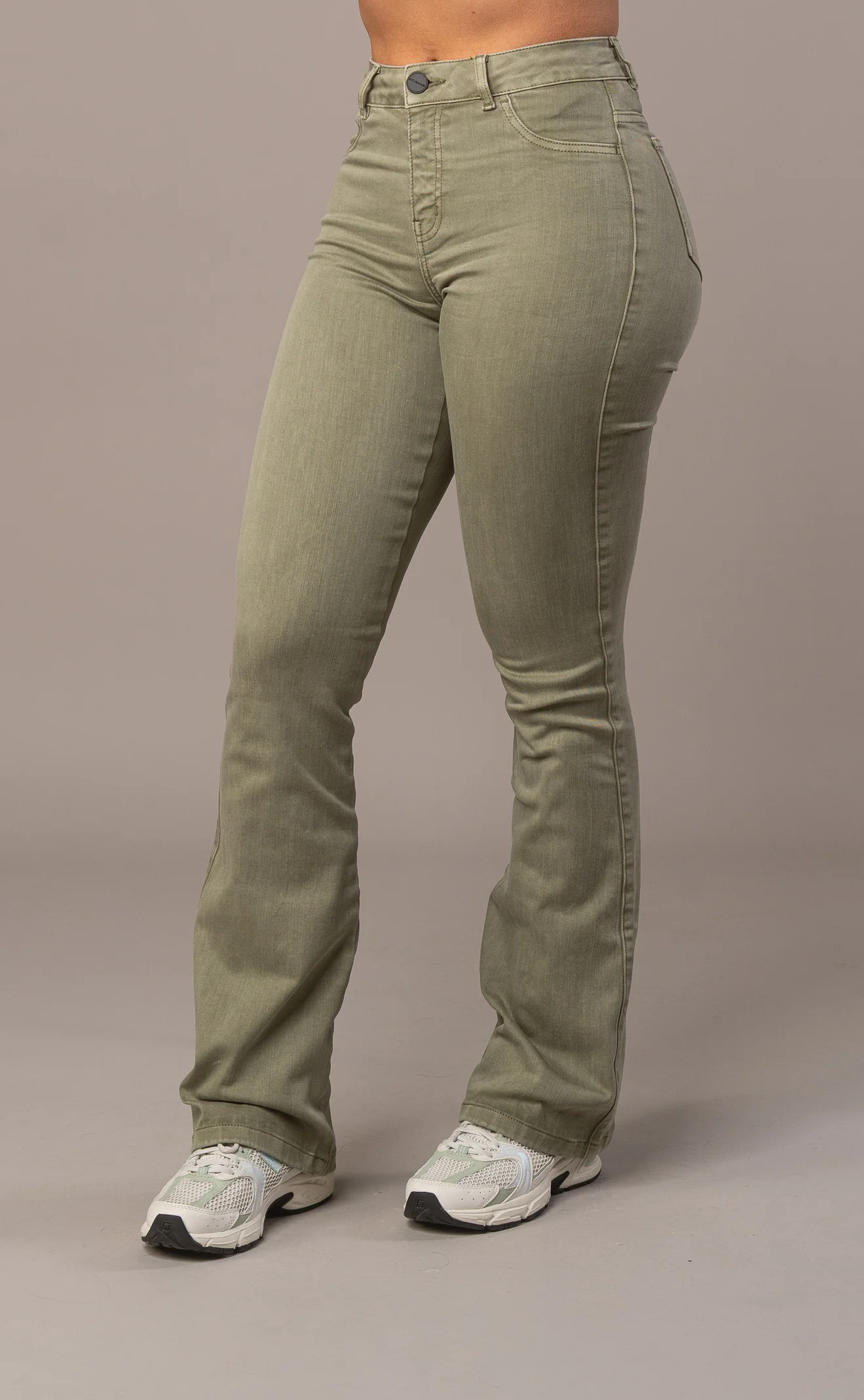 Womens Pastel Flared Mid Waisted Fitjeans - Khaki