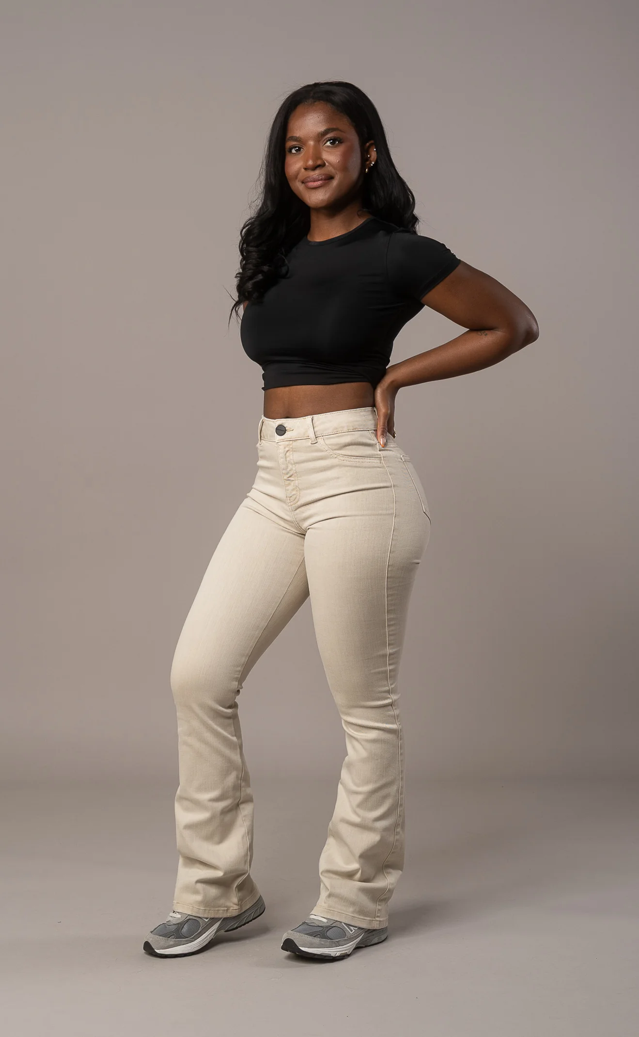 Womens Pastel Flared Mid Waisted Fitjeans - Sand