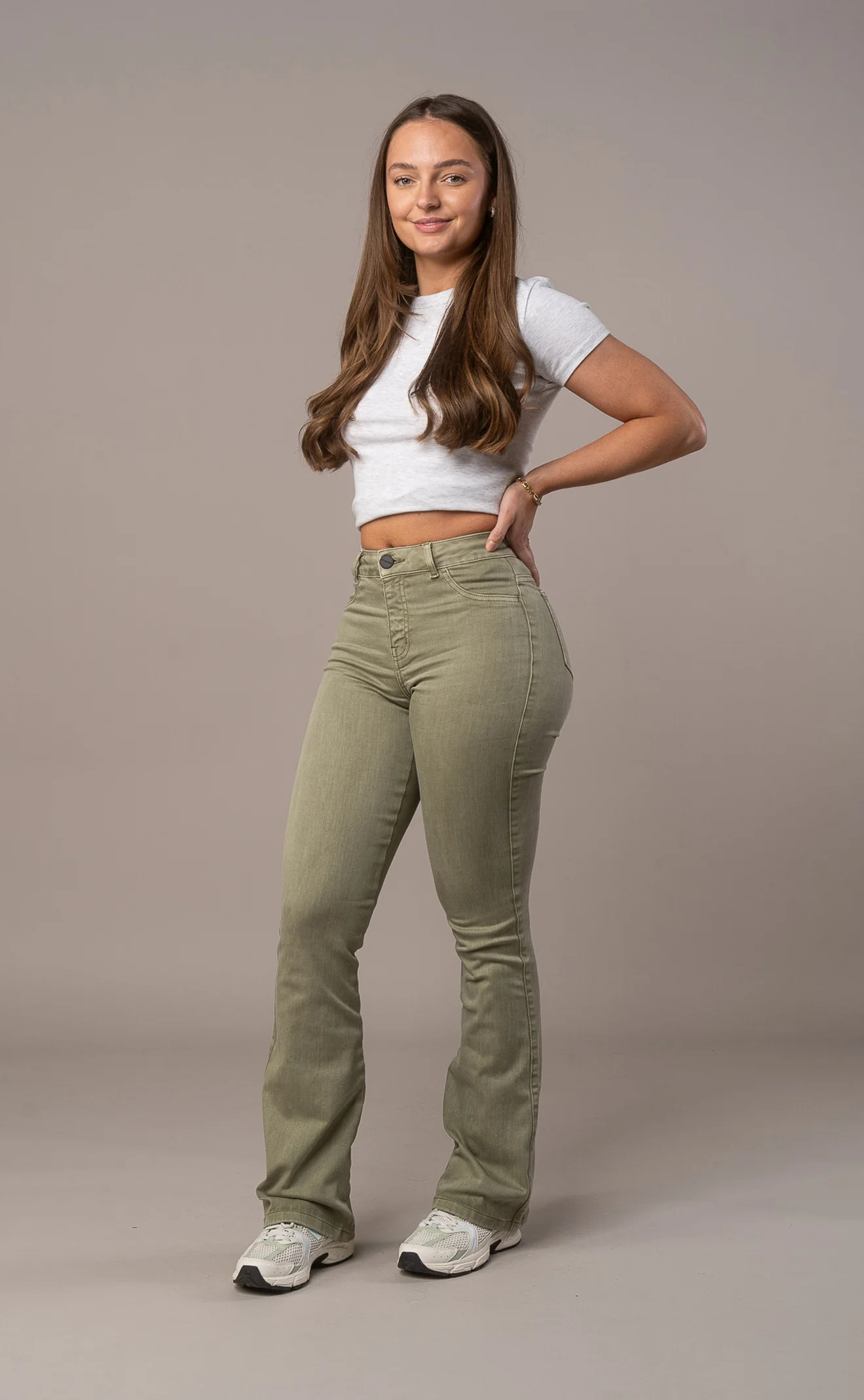 Womens Pastel Flared Mid Waisted Fitjeans - Khaki