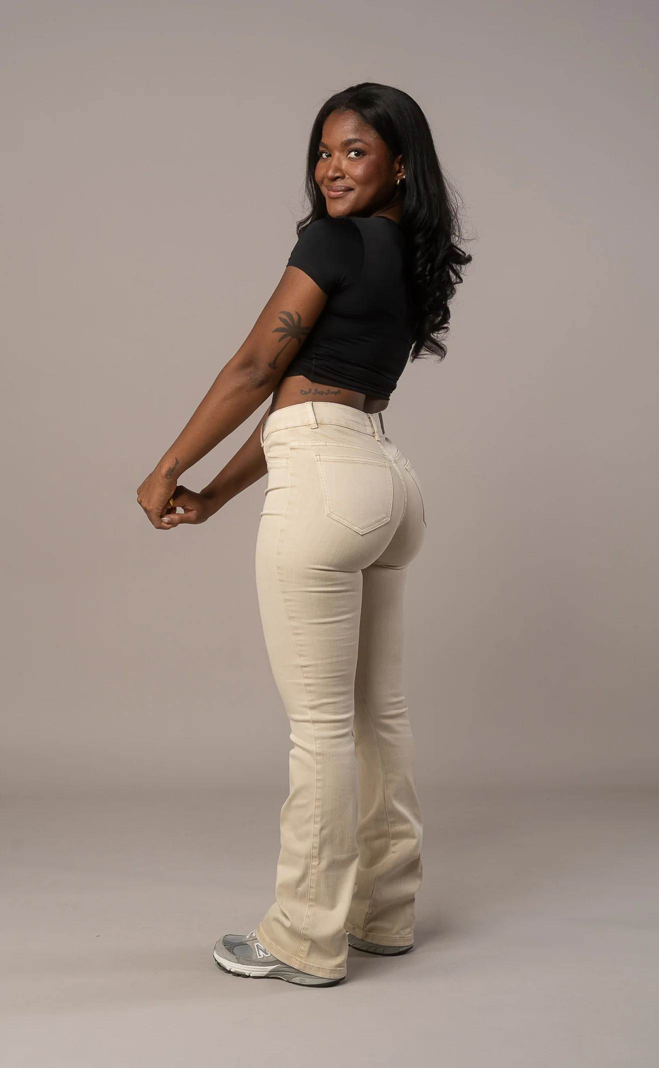 Womens Pastel Flared Mid Waisted Fitjeans - Sand