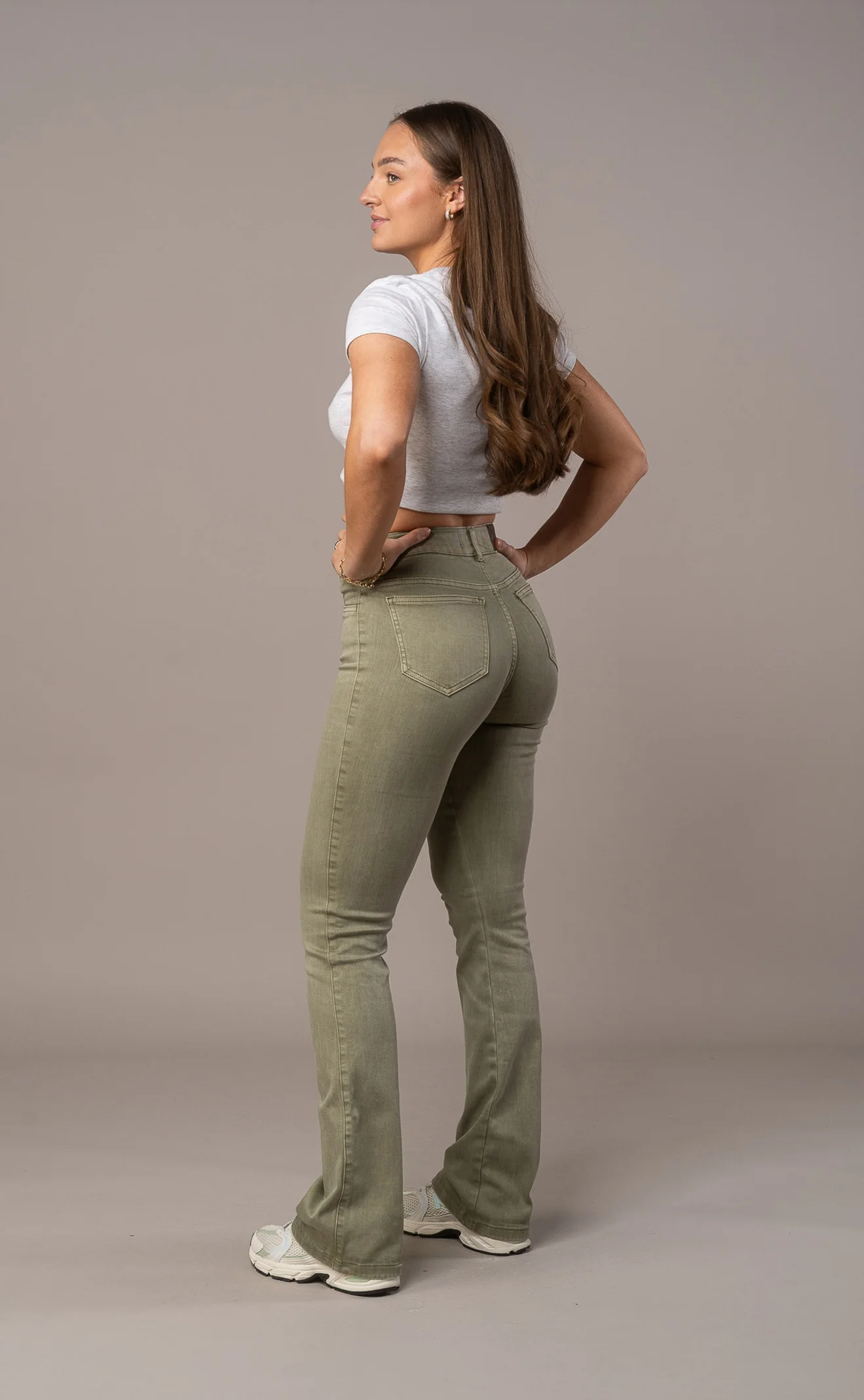 Womens Pastel Flared Mid Waisted Fitjeans - Khaki