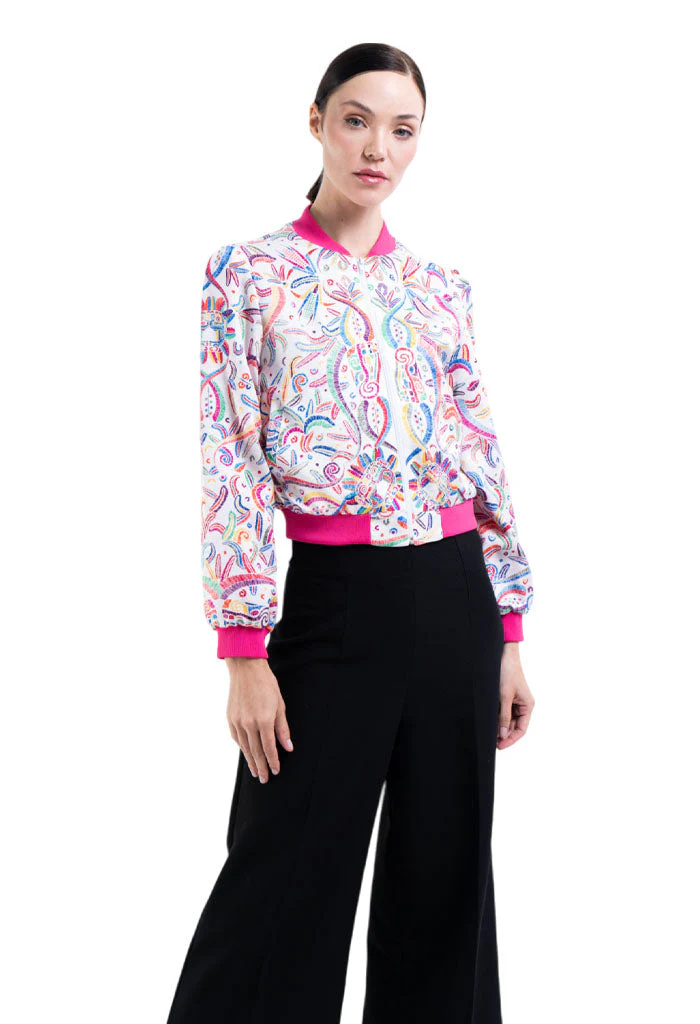 Bomber AKENBA Seda Jacquard  Quetzalcóatl Blanco