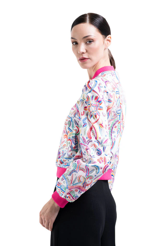 Bomber AKENBA Seda Jacquard  Quetzalcóatl Blanco