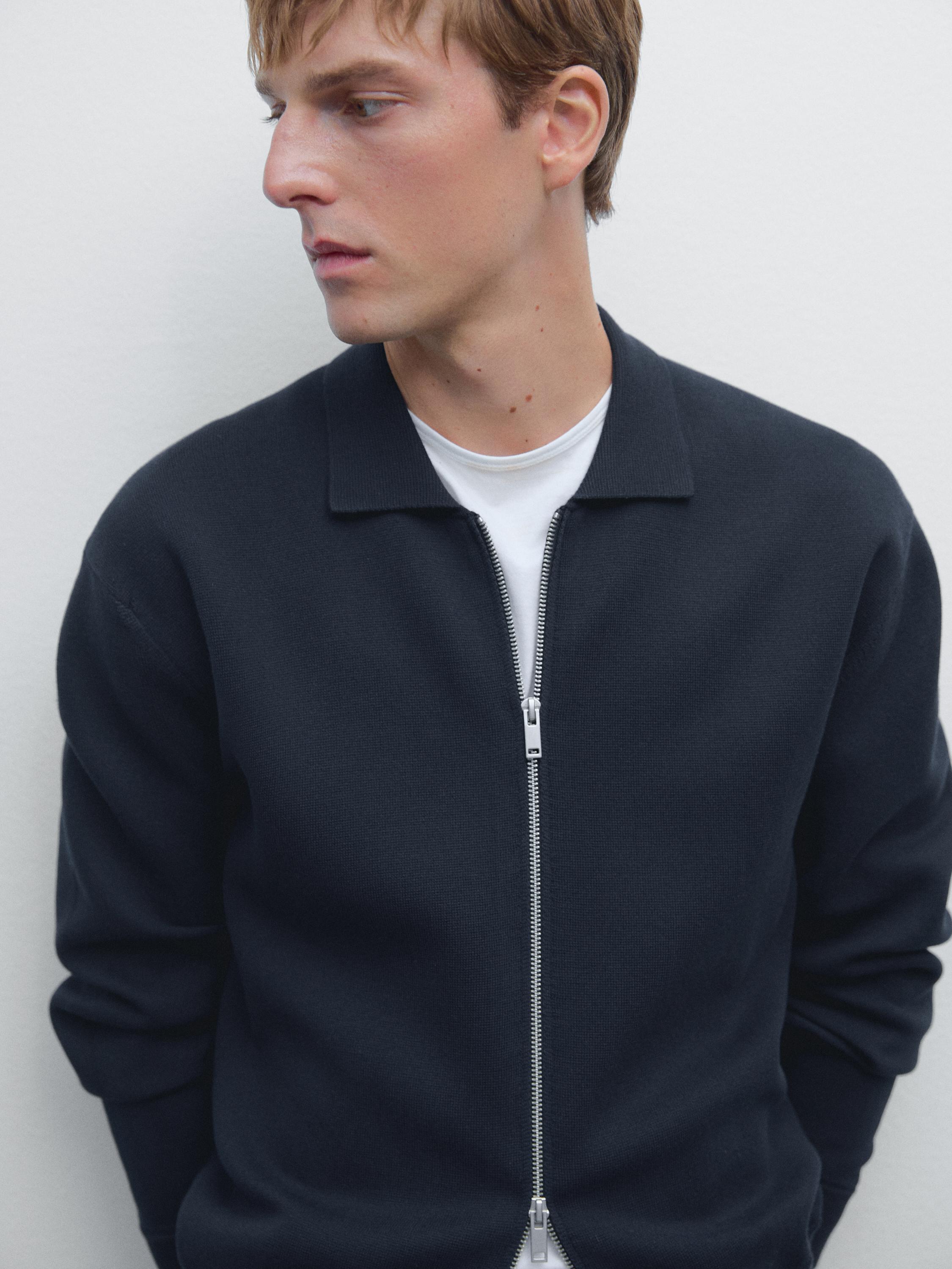 Cotton blend zip-up knit cardigan