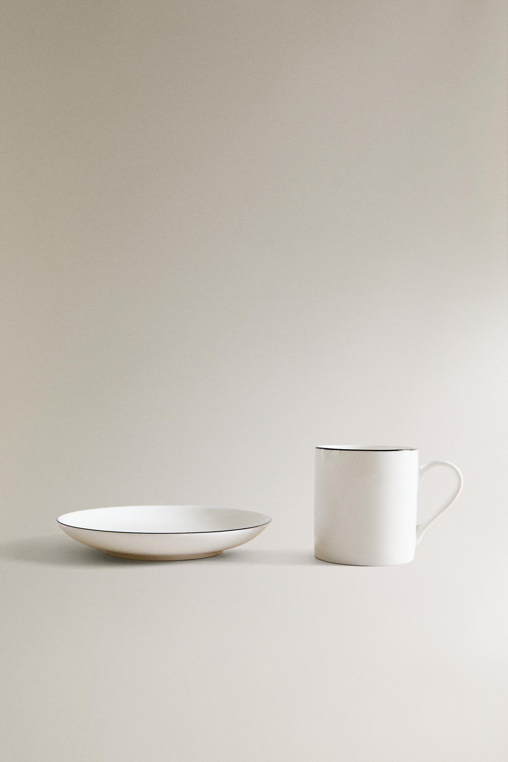 BONE CHINA COFFEE CUP AND SAUCER WITH BLACK RIM
