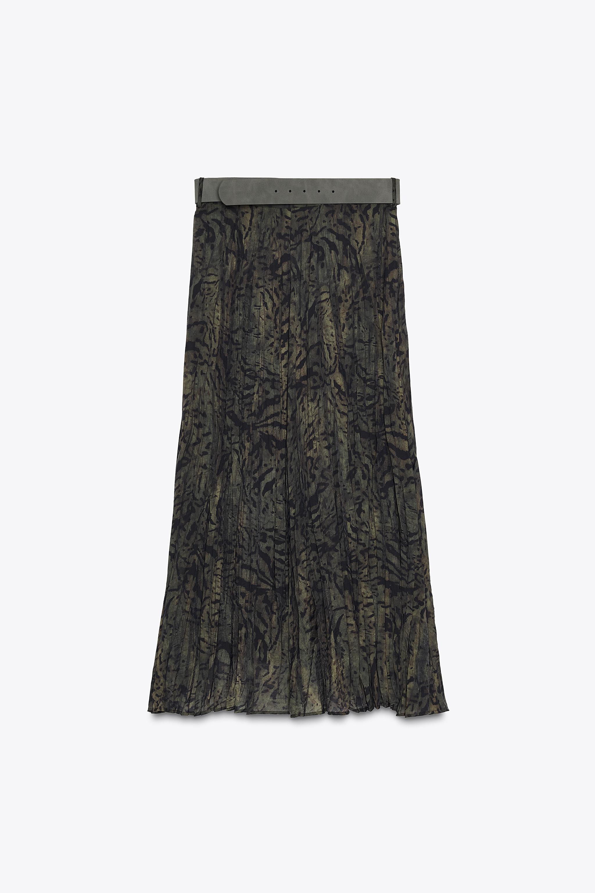 BELTED ANIMAL PRINT MIDI SKIRT