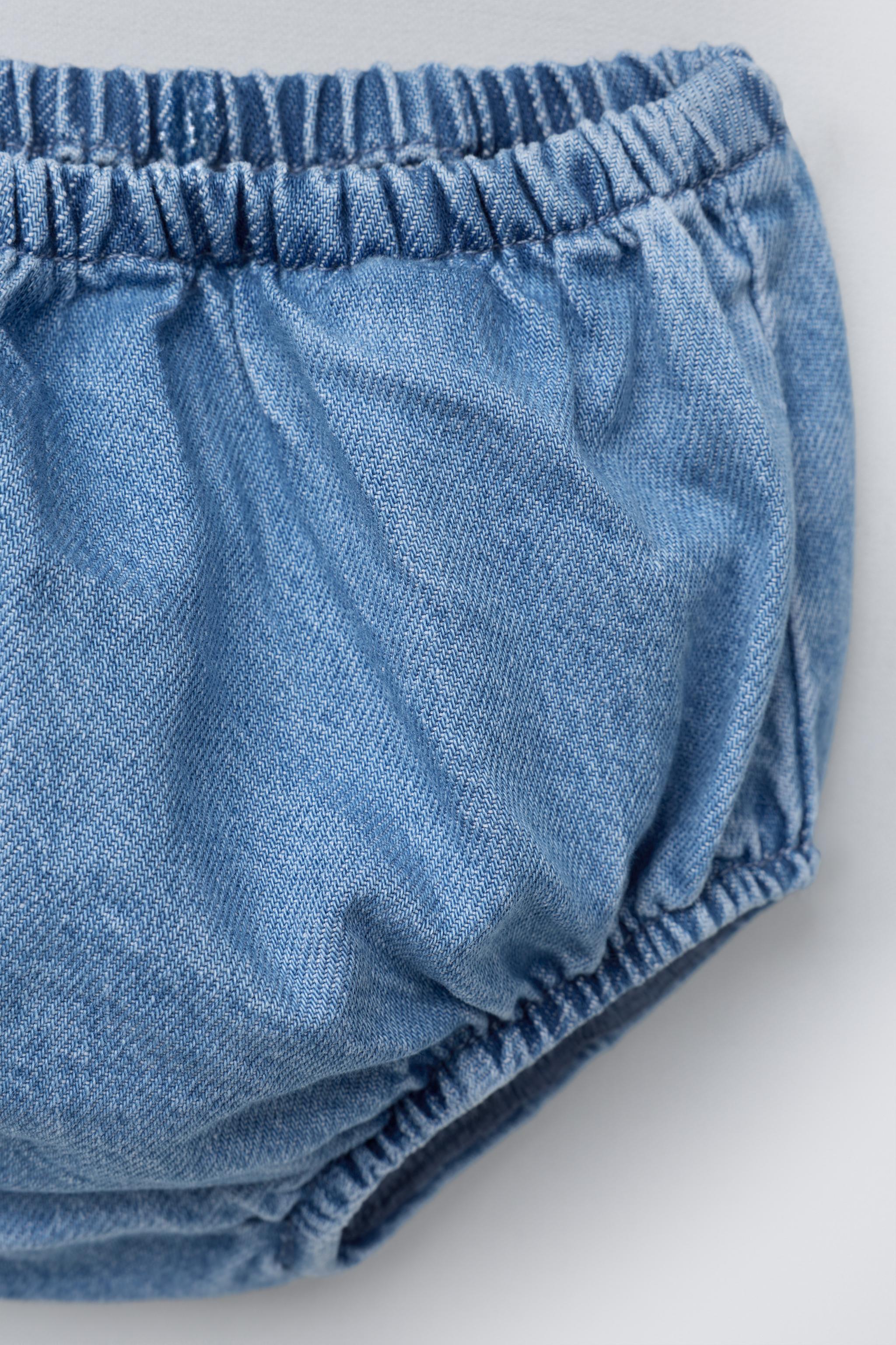 EMBROIDERED DENIM PINAFORE DRESS AND BLOOMERS