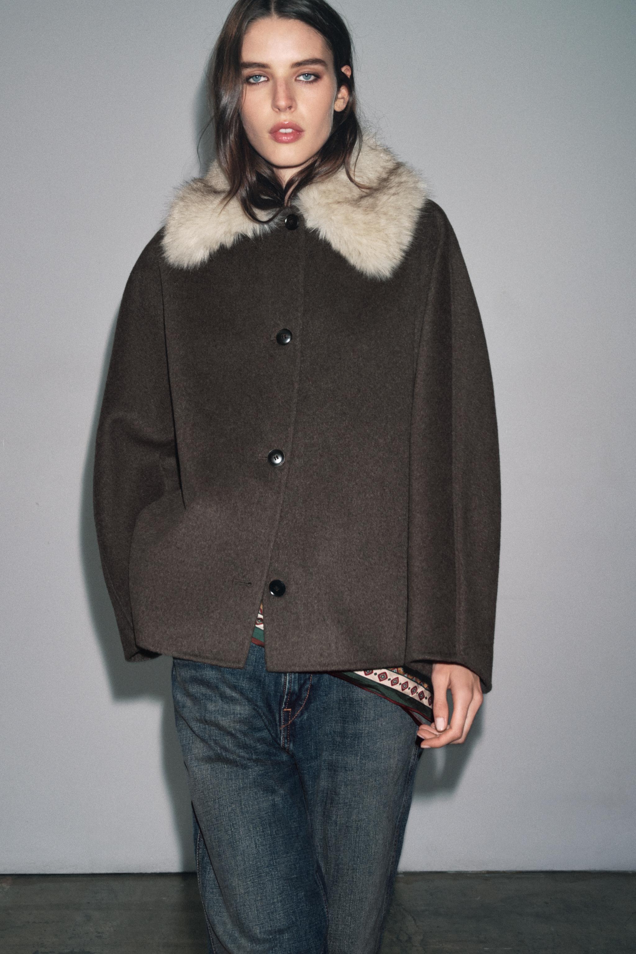 ZW COLLECTION WOOL BLEND FAUX FUR COLLAR JACKET