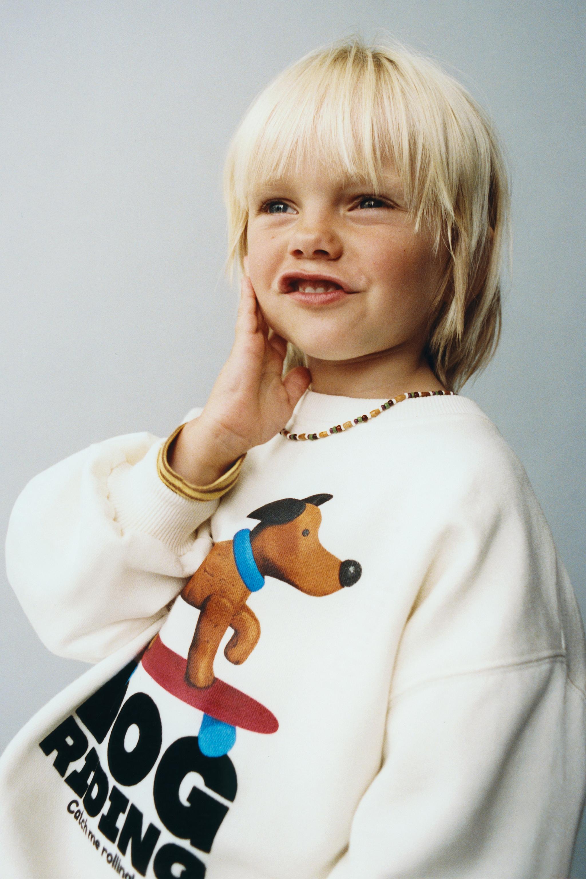 DOG AND FLOCKED TEXT PRINT SWEATSHIRT