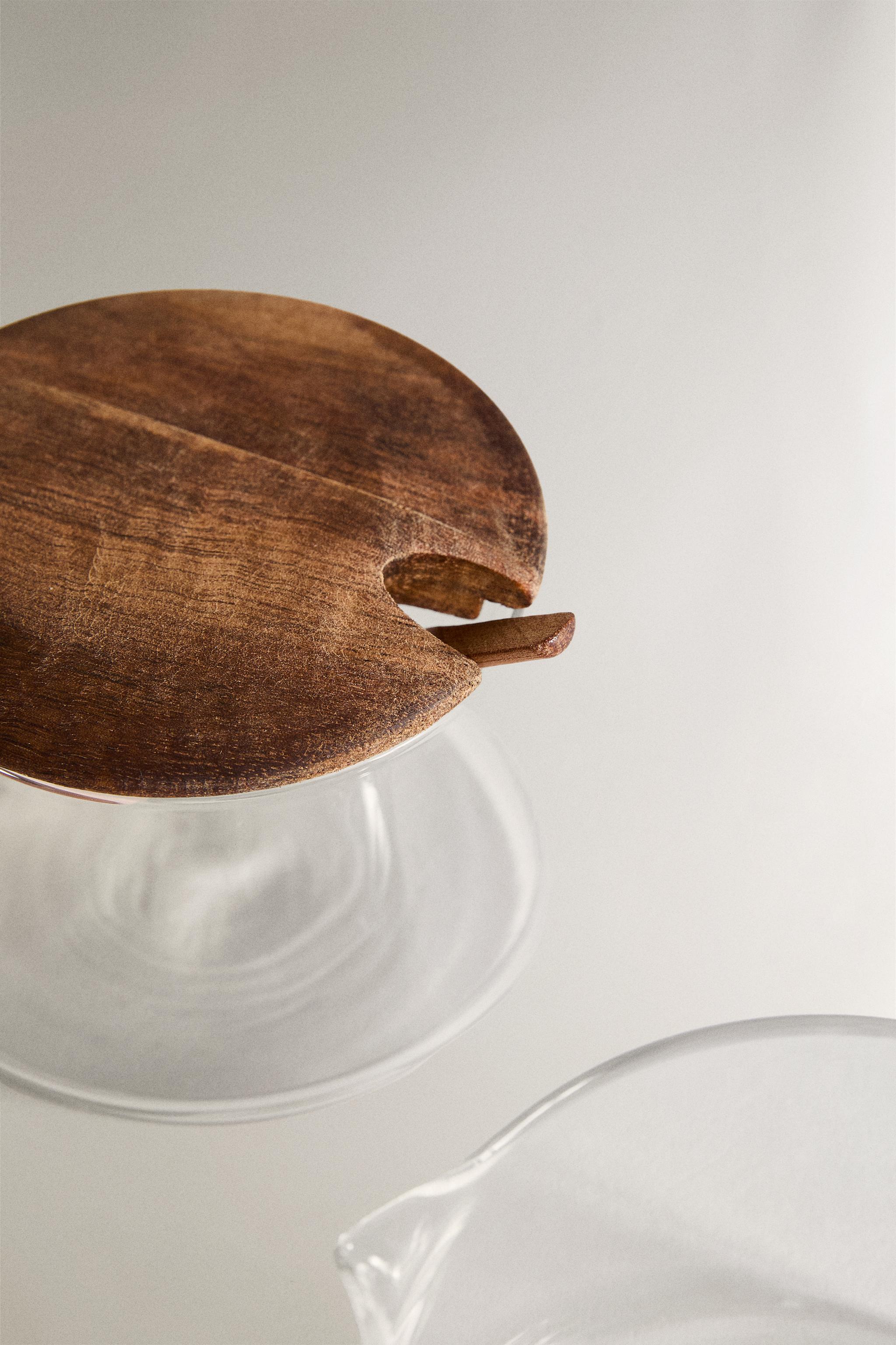 BOROSILICATE GLASS AND WOOD SUGAR SET