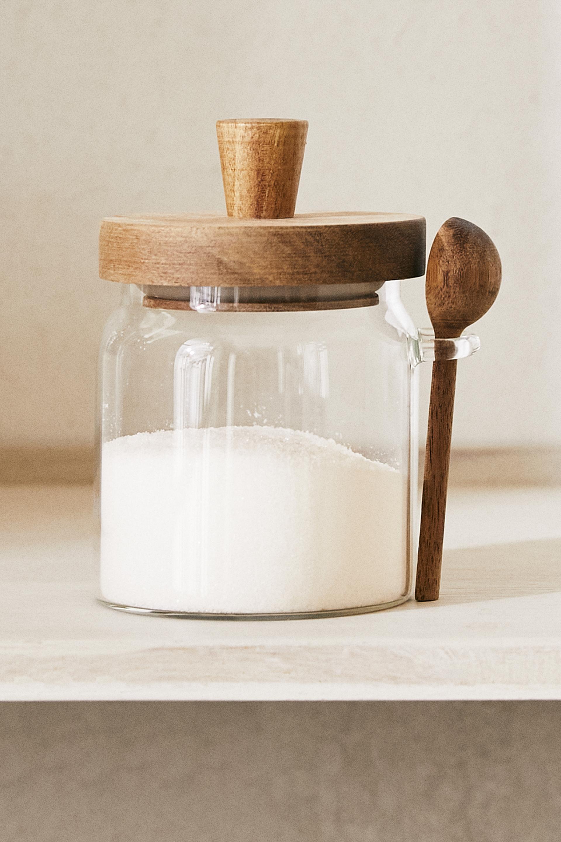 BOROSILICATE GLASS AND WOOD SUGAR BOWL