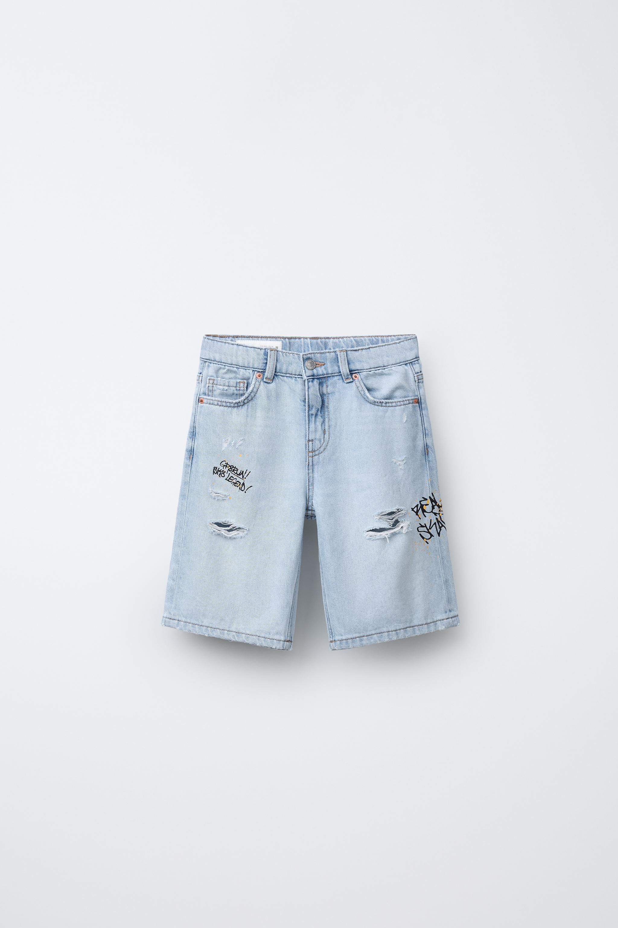 RIPPED AND GRAFFITI PRINT STRAIGHT DENIM SHORTS