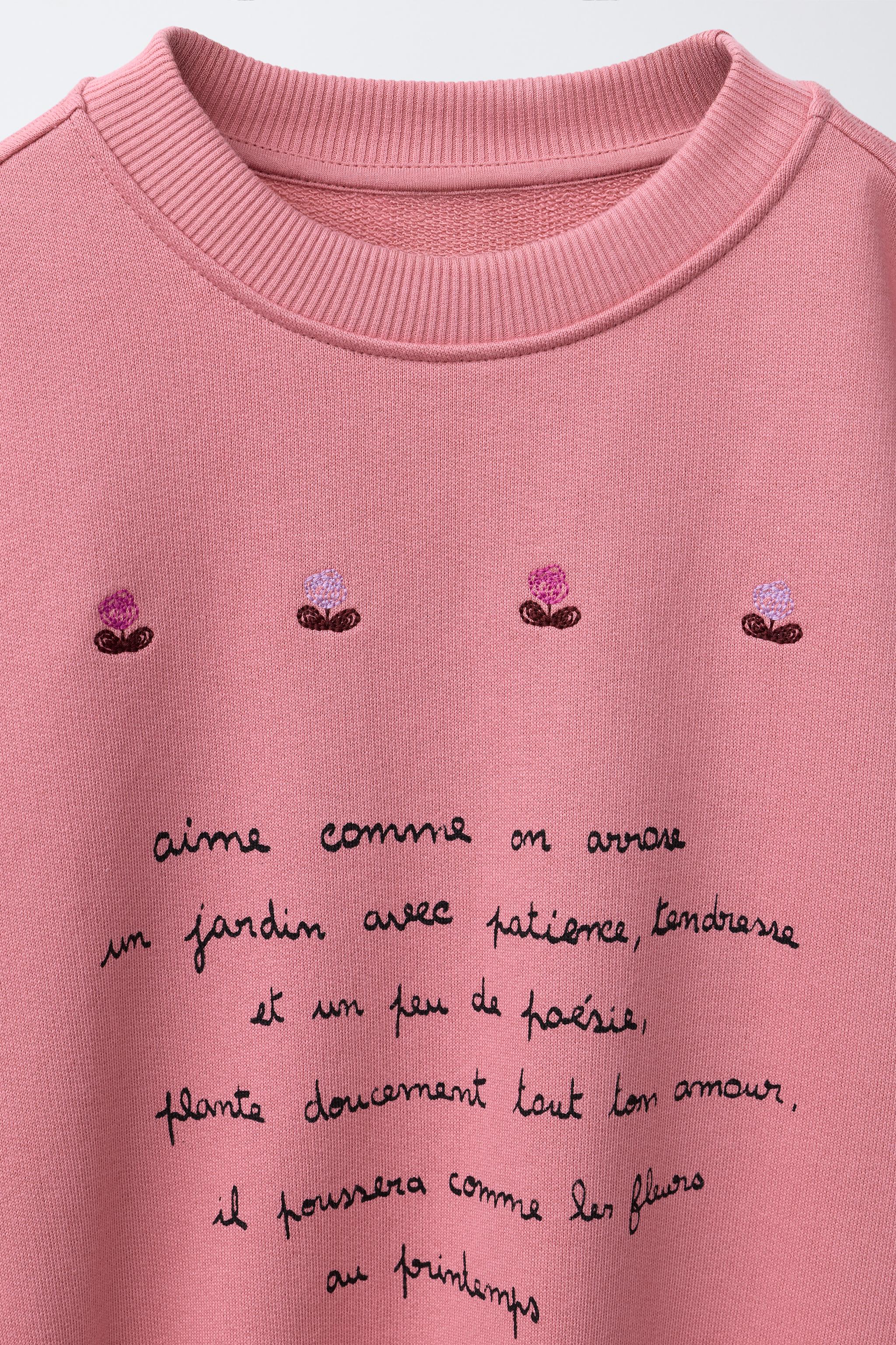 TEXT AND FLORAL EMBROIDERY SWEATSHIRT