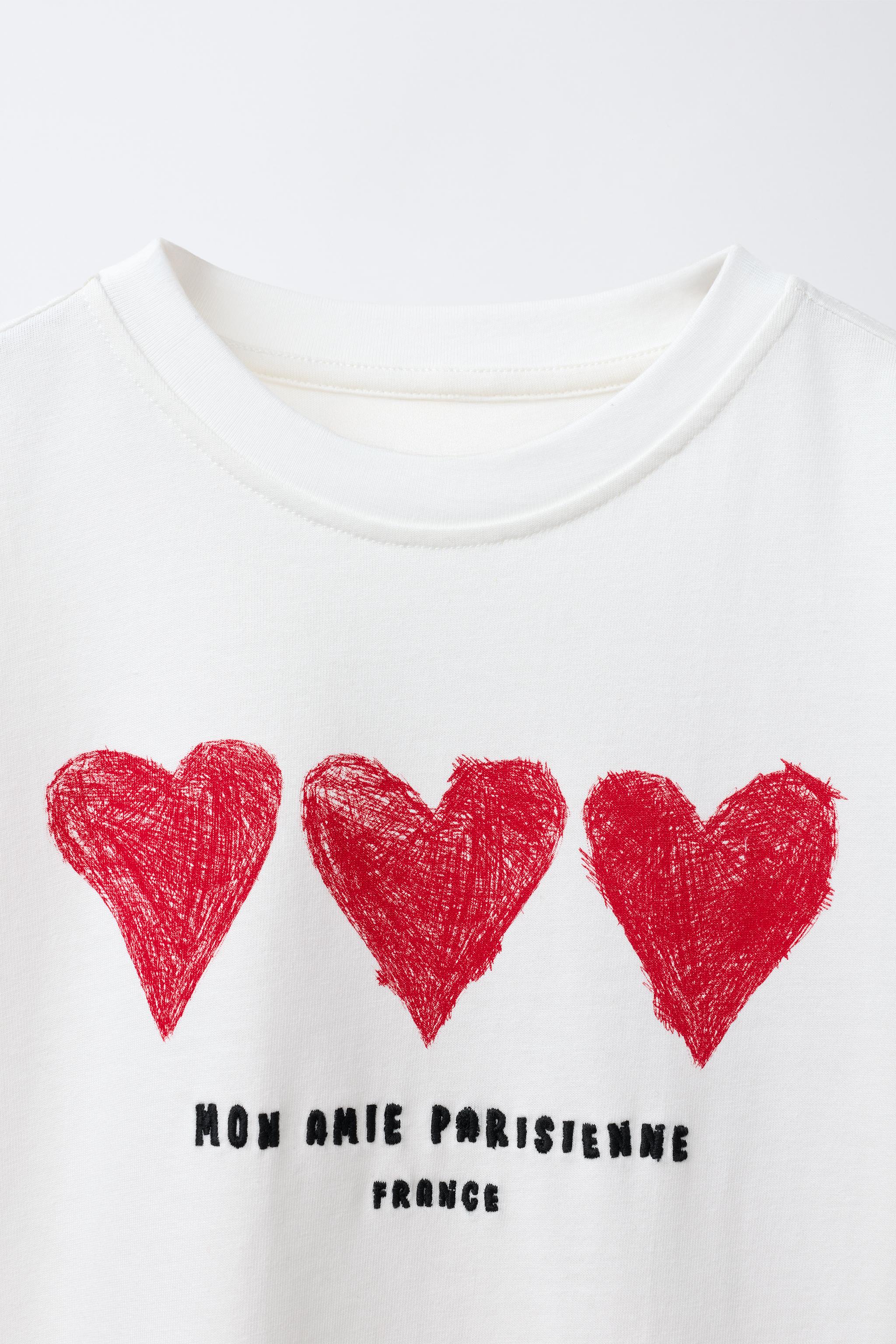 HEARTS EMBROIDERED TEXT T-SHIRT