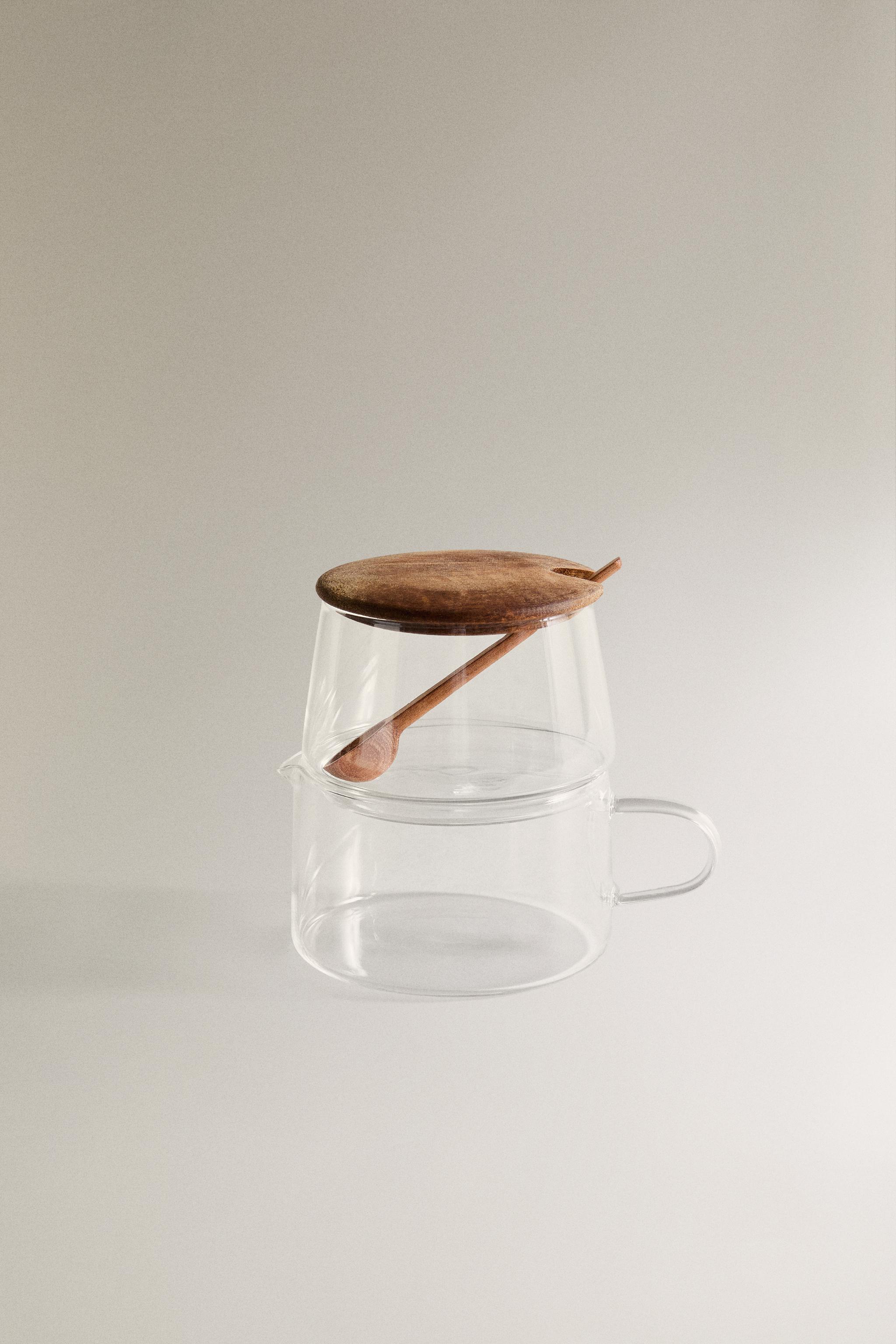 BOROSILICATE GLASS AND WOOD SUGAR SET