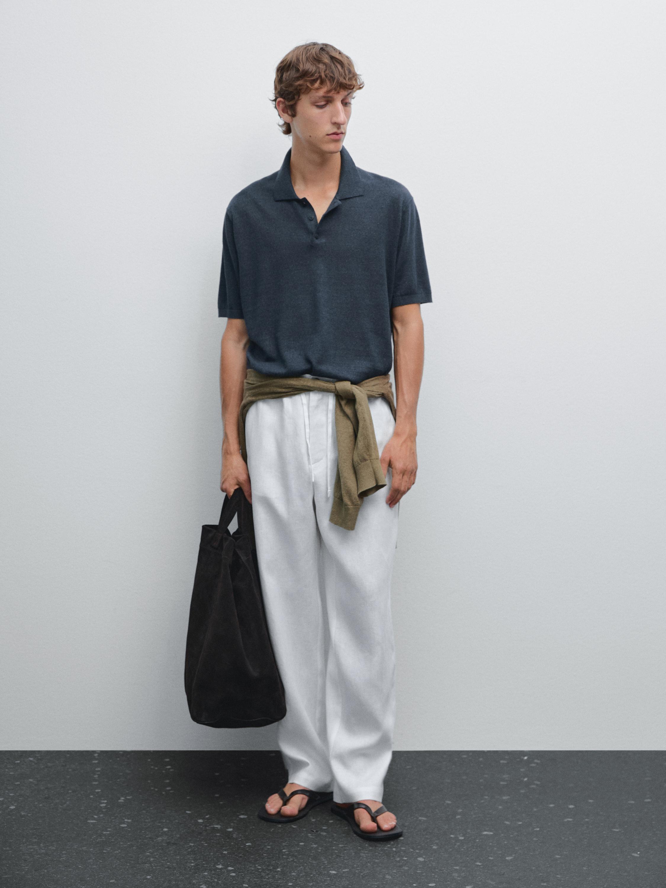 Linen blend knit polo shirt