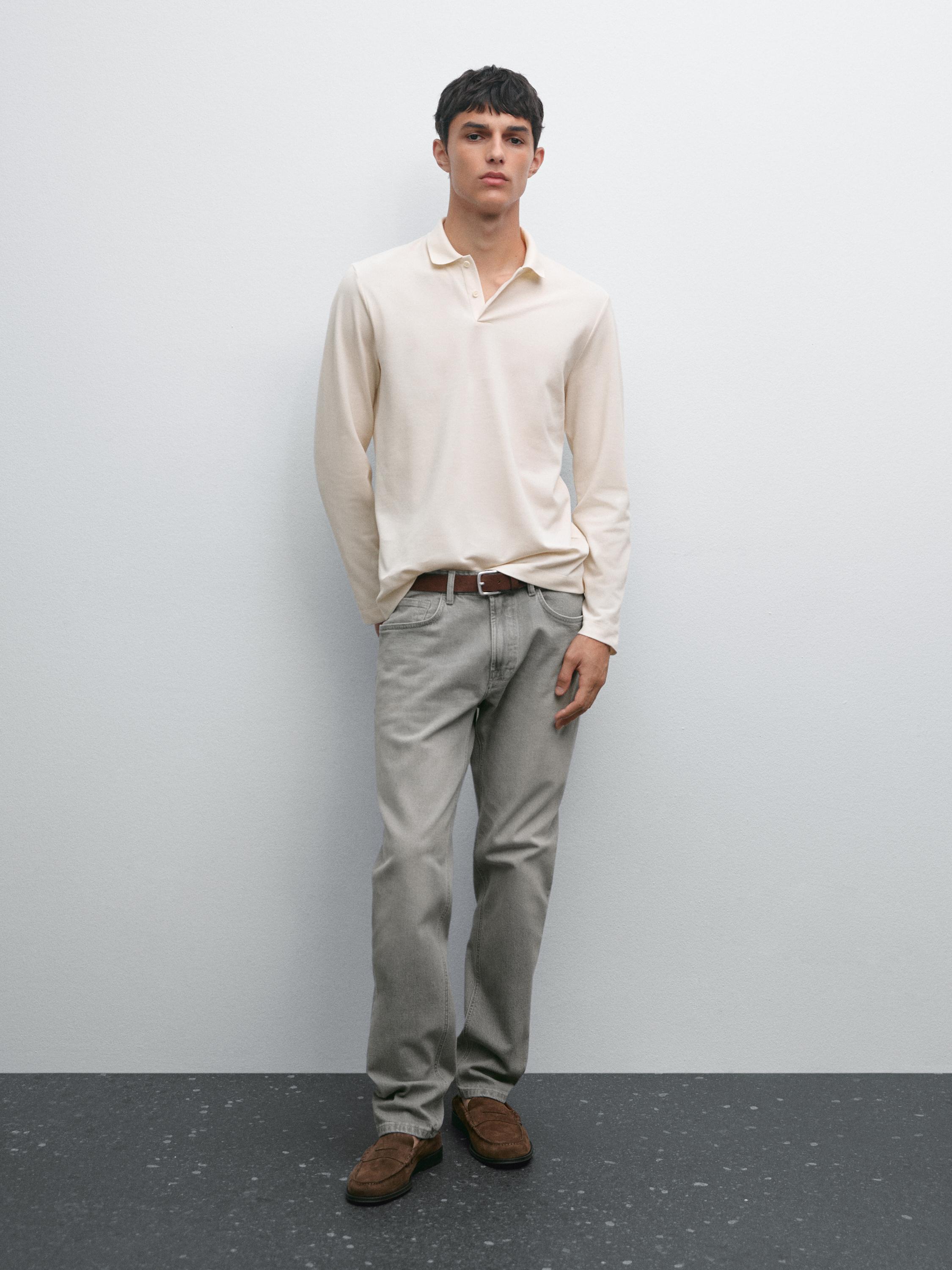 Long sleeve mercerised cotton piqué polo shirt