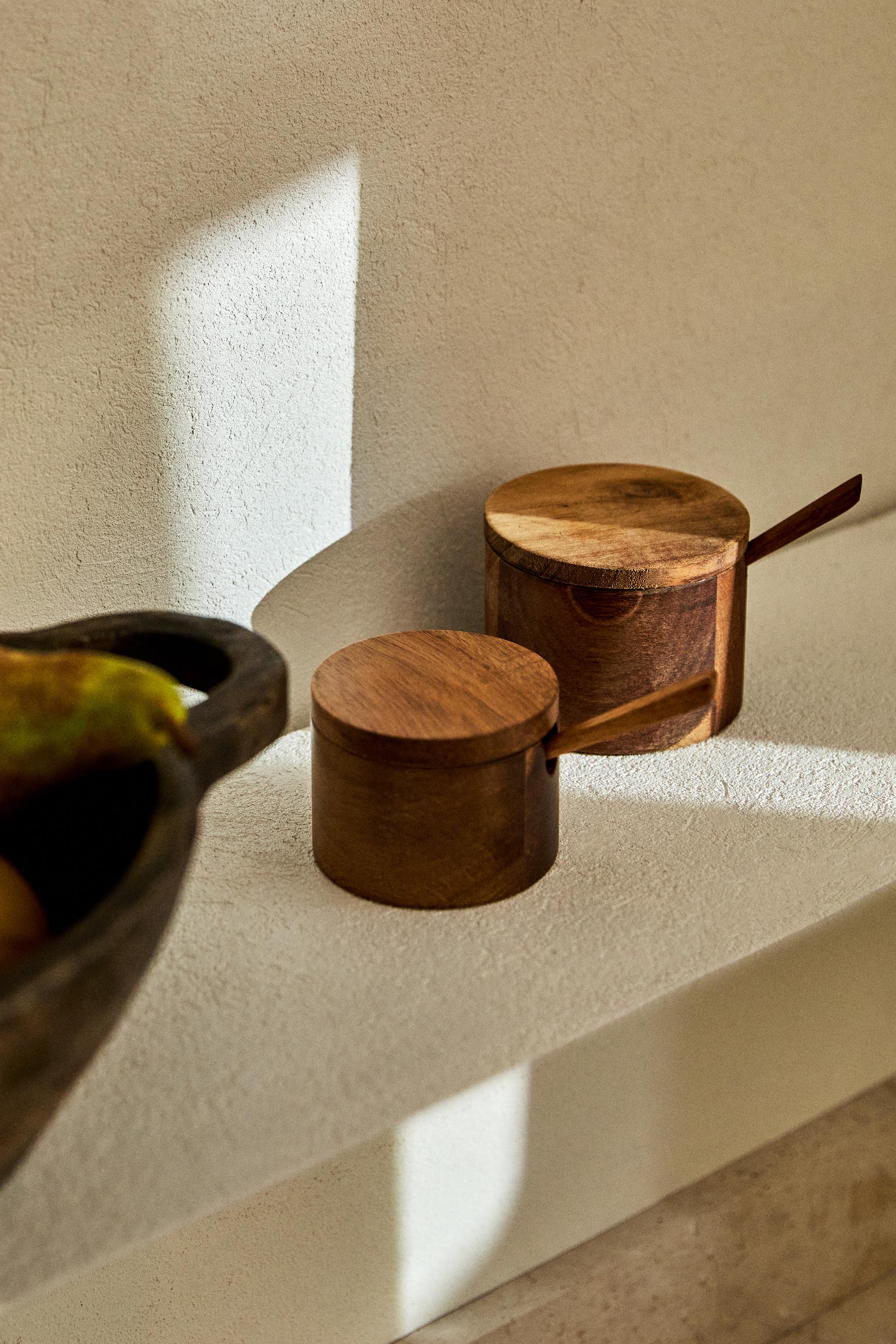 WOODEN SUGAR BOWL WITH SPOON