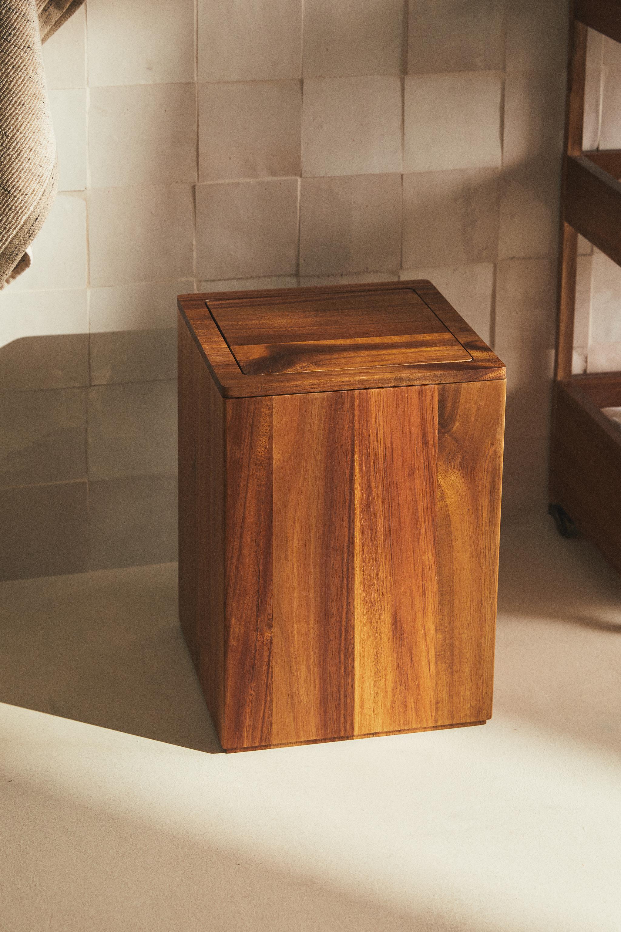 LARGE WOODEN SQUARE BATHROOM TRASH CAN