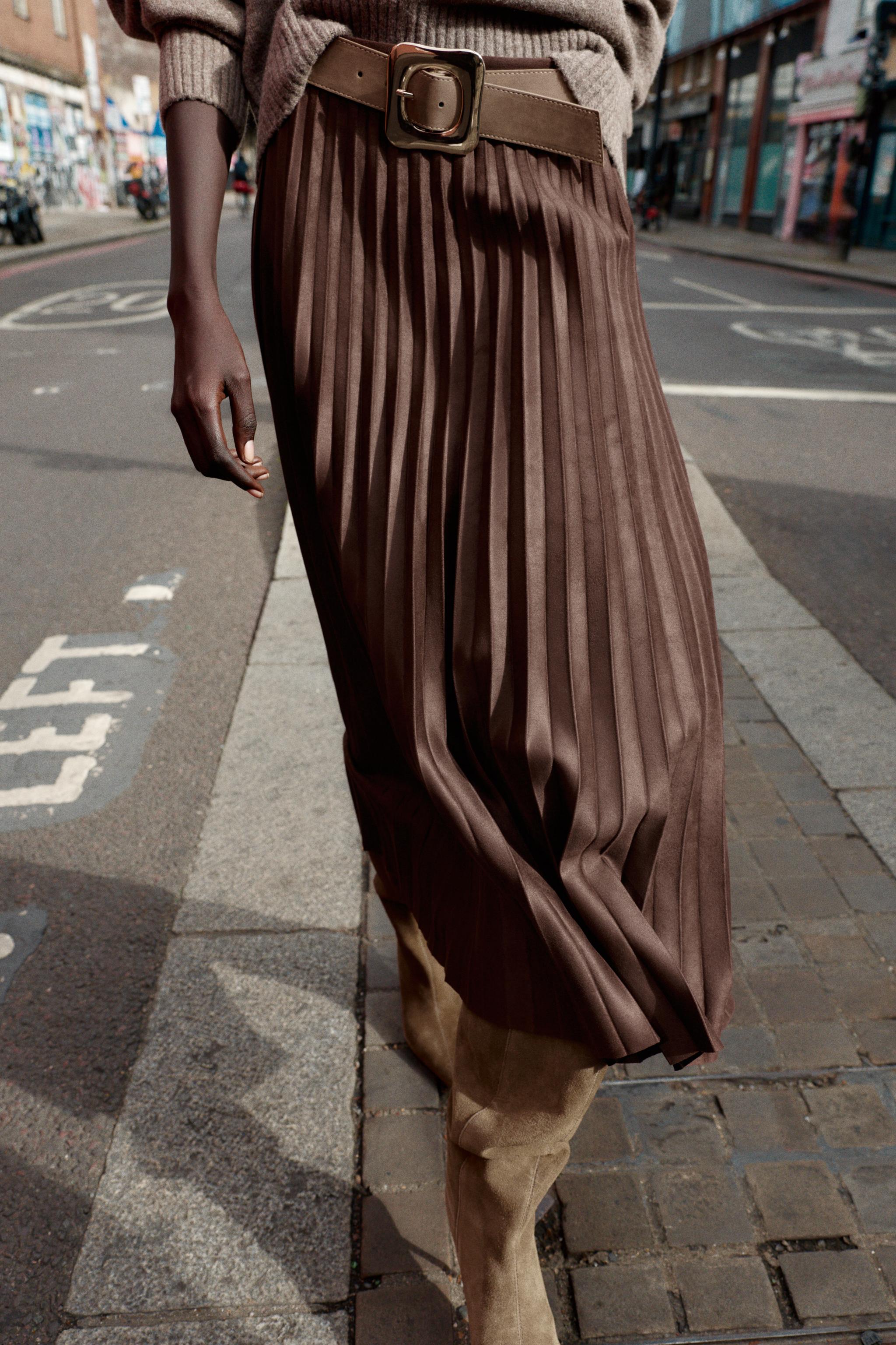 BELTED FAUX SUEDE EFFECT PLEATED MIDI SKIRT