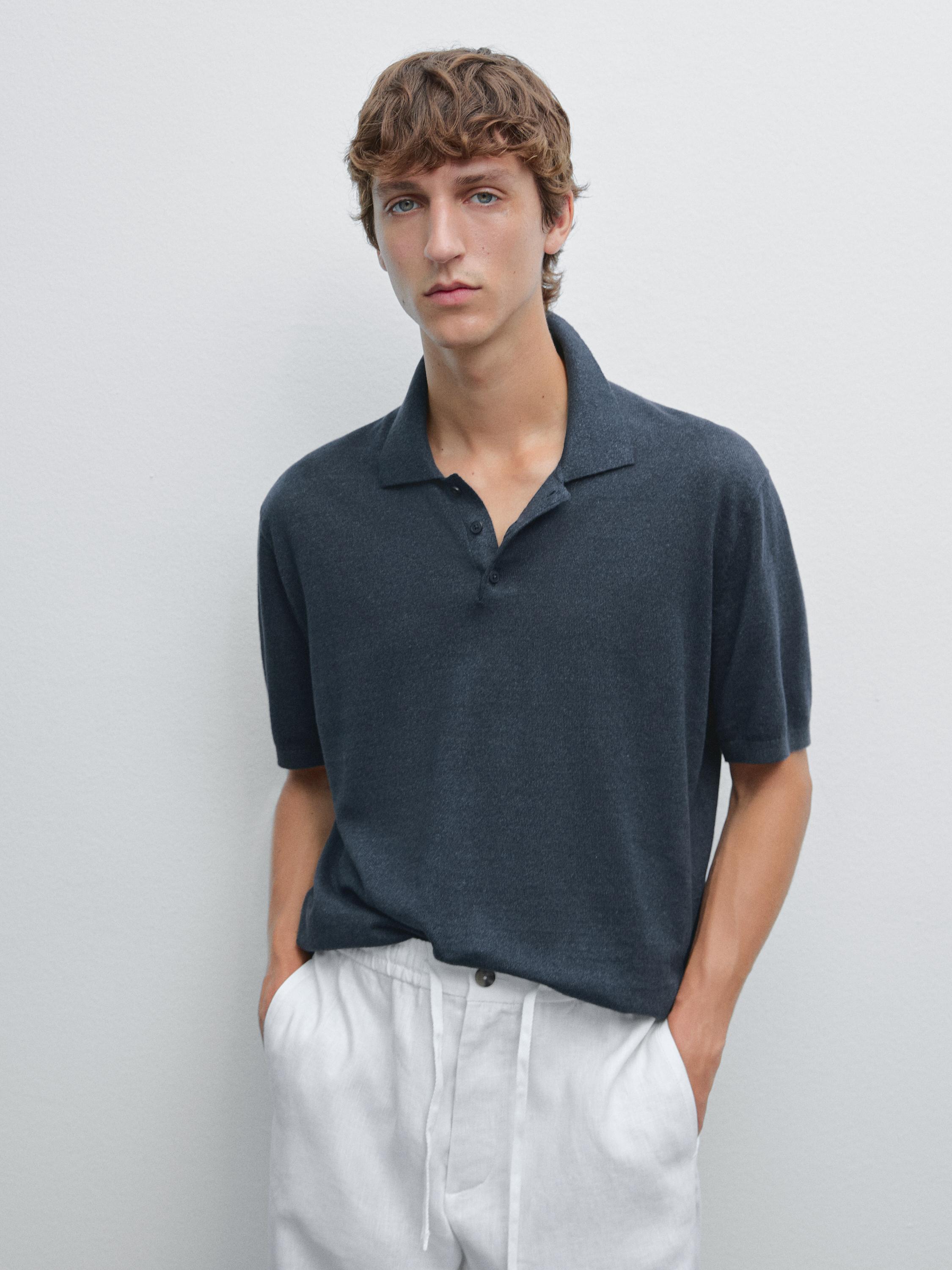 Linen blend knit polo shirt