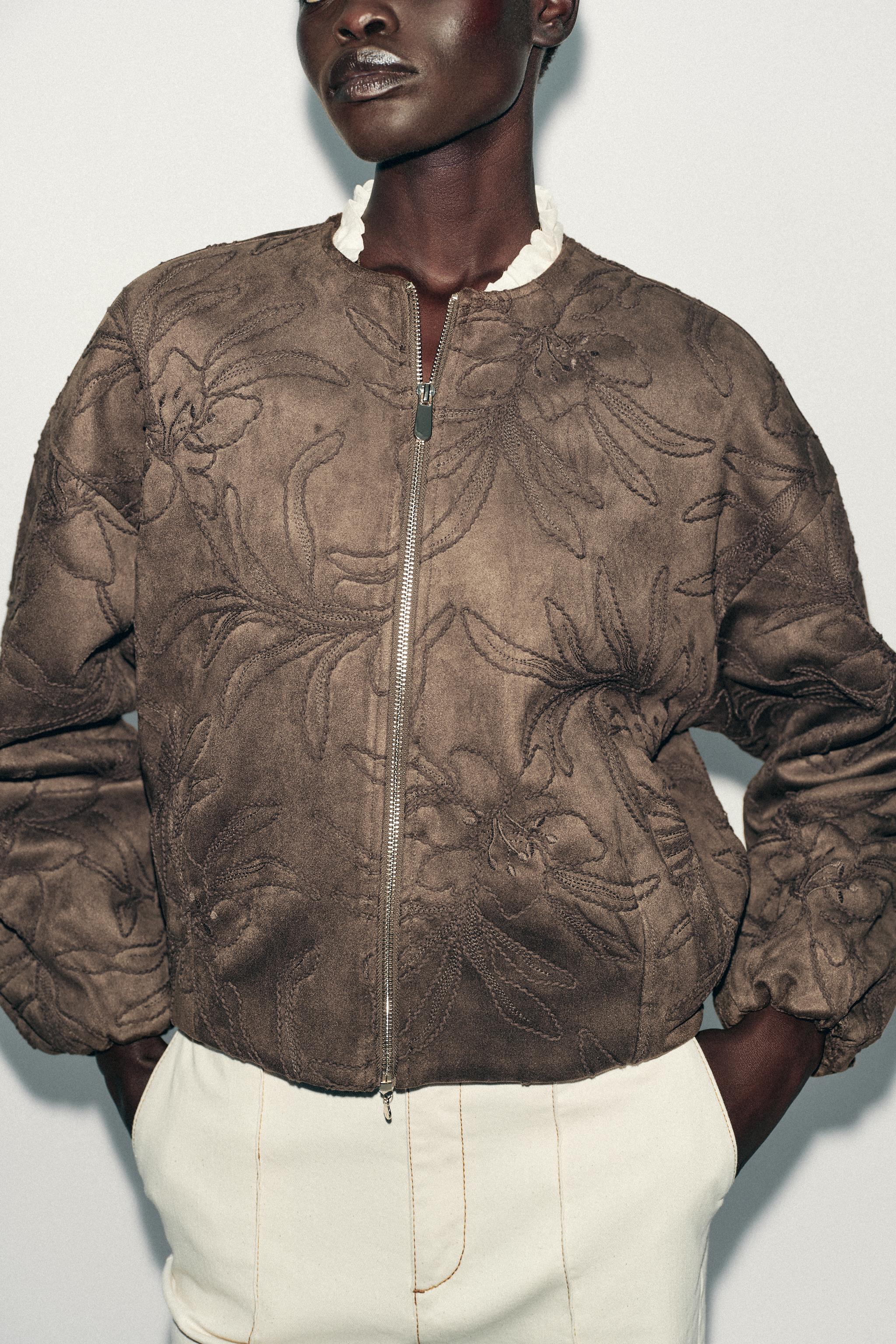 EMBROIDERED FAUX SUEDE BOMBER JACKET