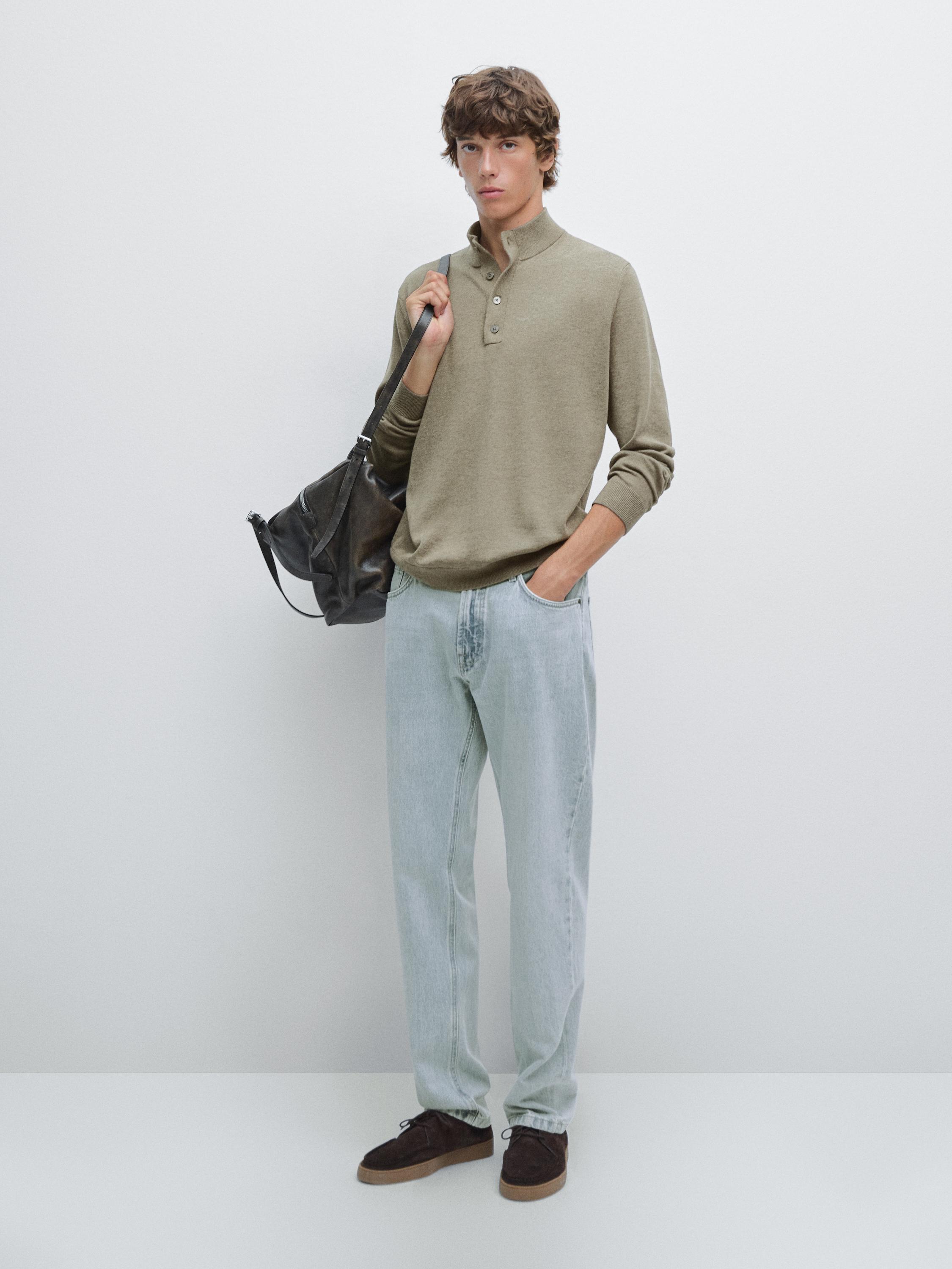 Knit sweater with mock button neck