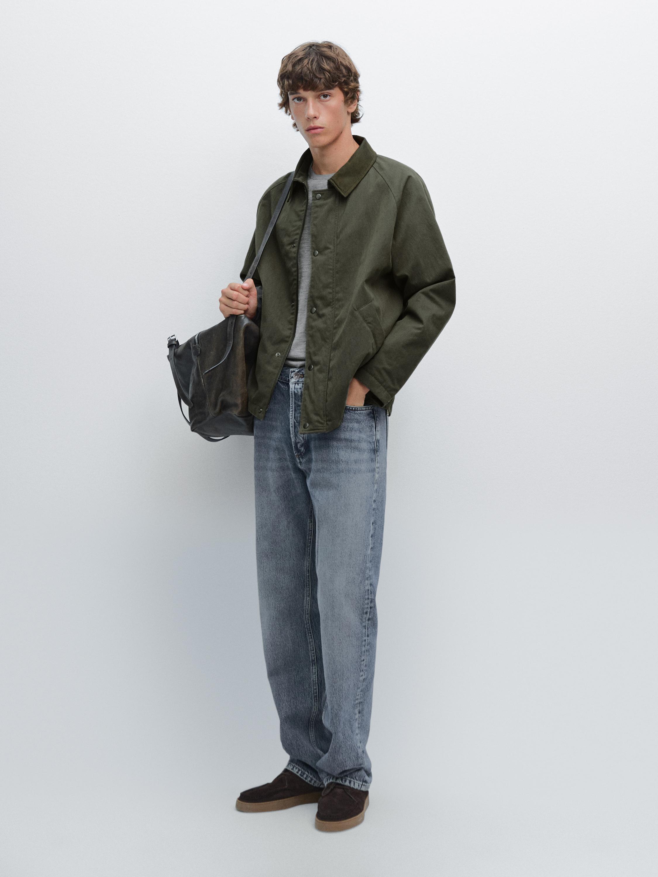 Jacket with leather collar detail