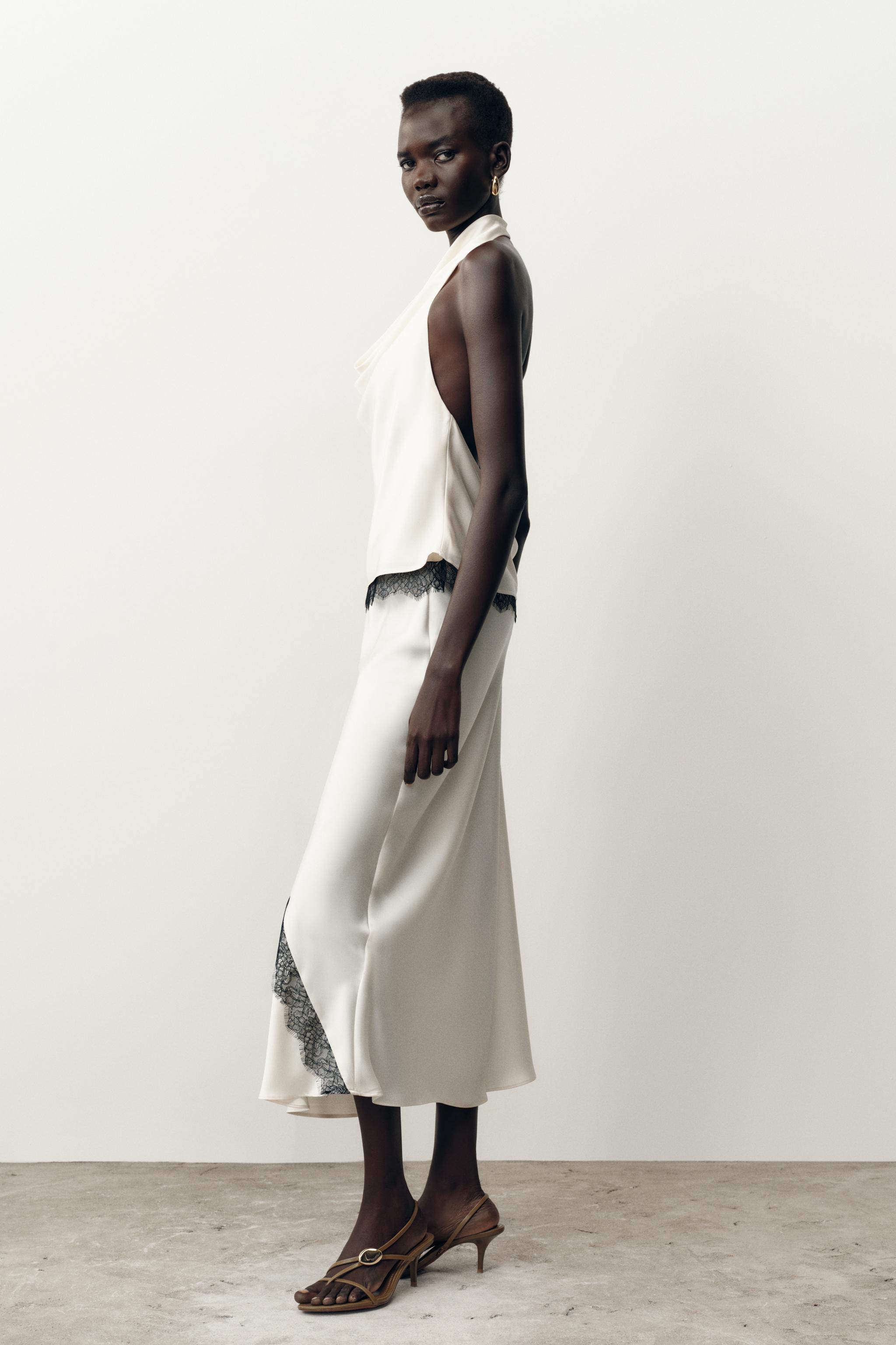 SATIN EFFECT LACE MIDI SKIRT