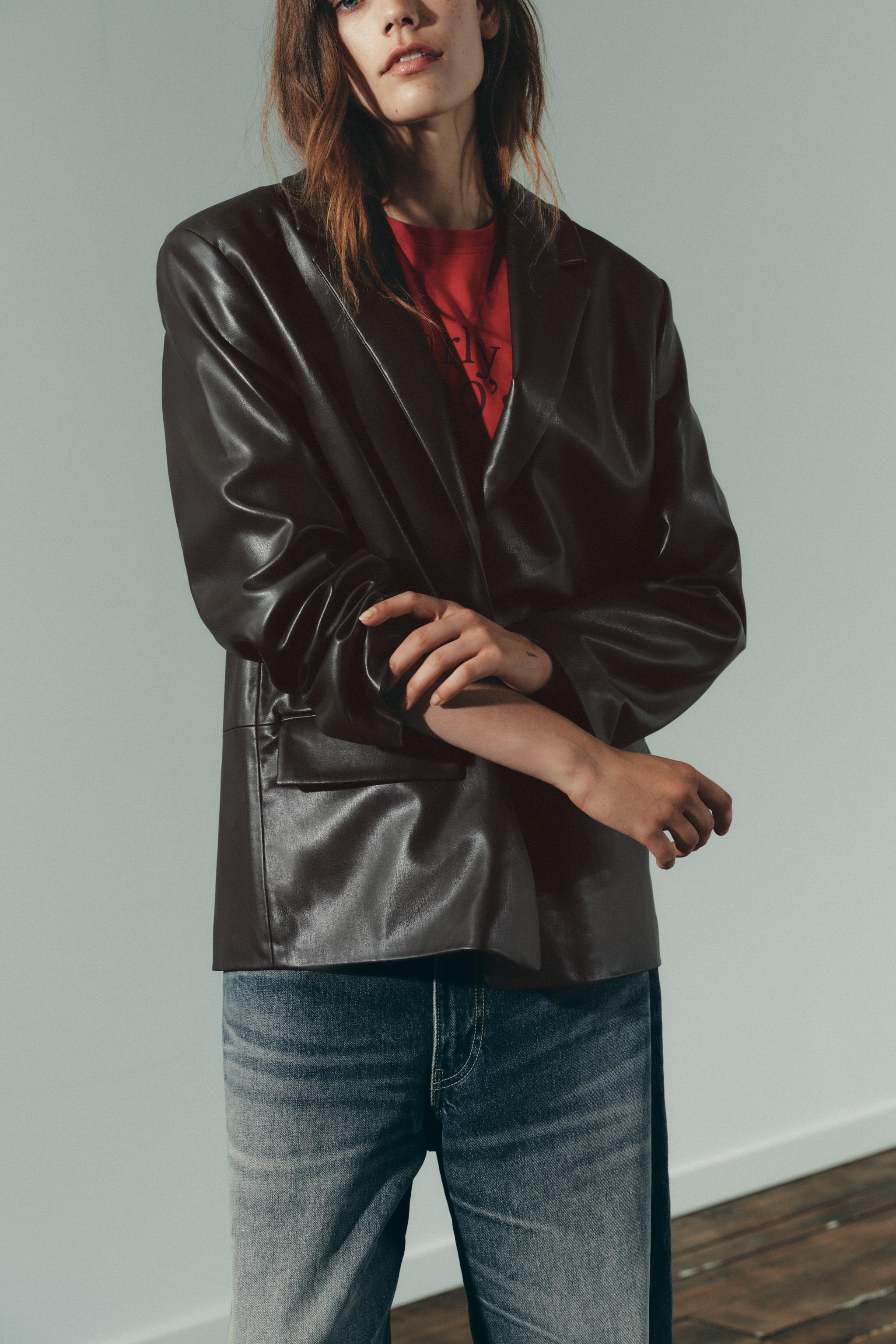 FAUX LEATHER STRAIGHT FIT BLAZER