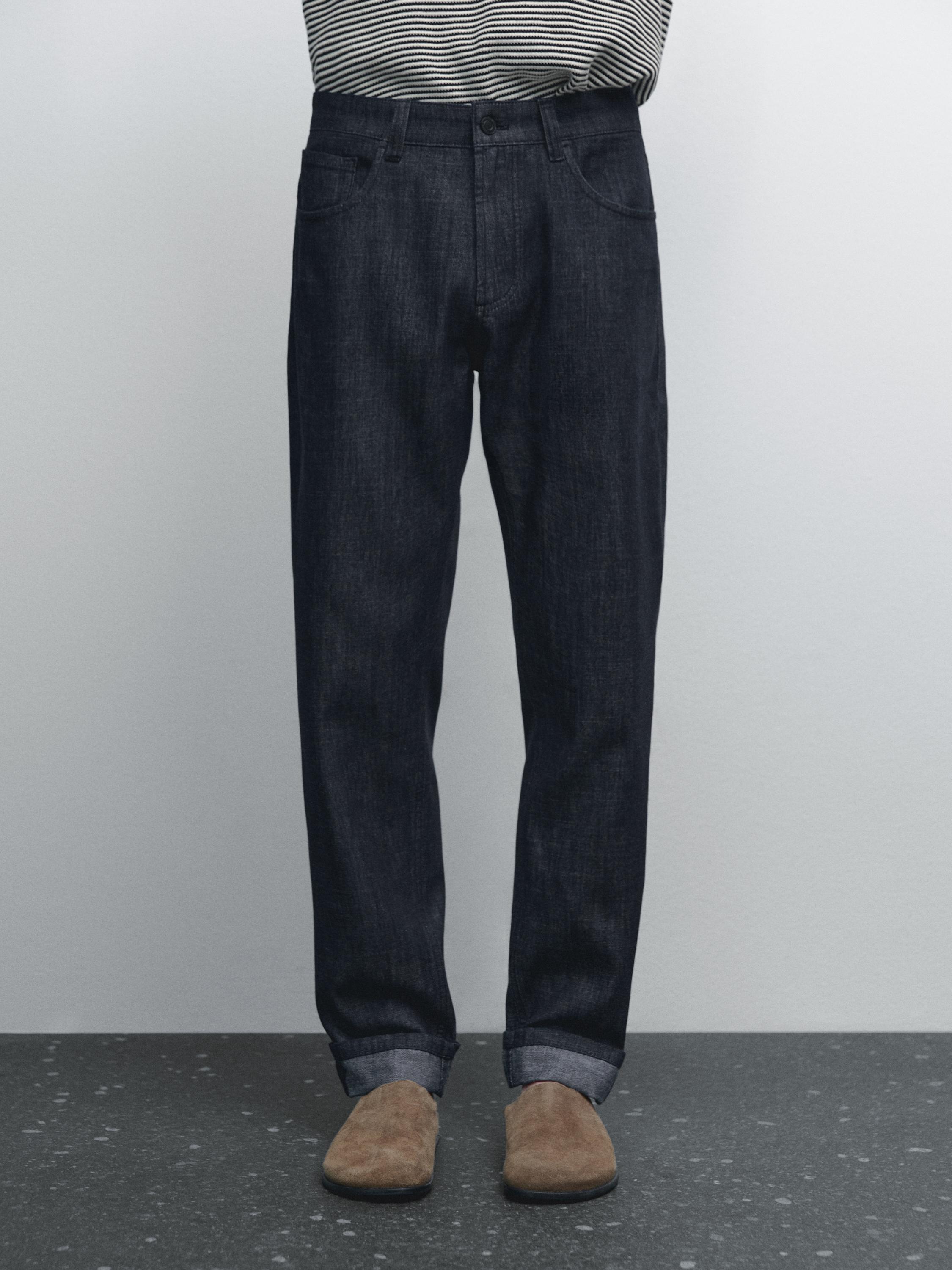 Cotton blend tapered fit jeans
