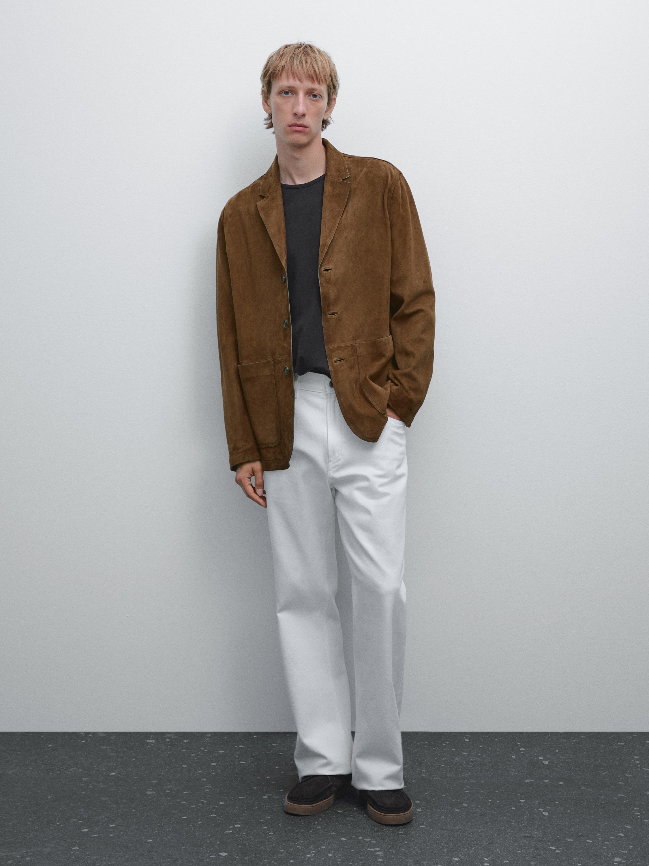 Suede leather blazer with topstitching