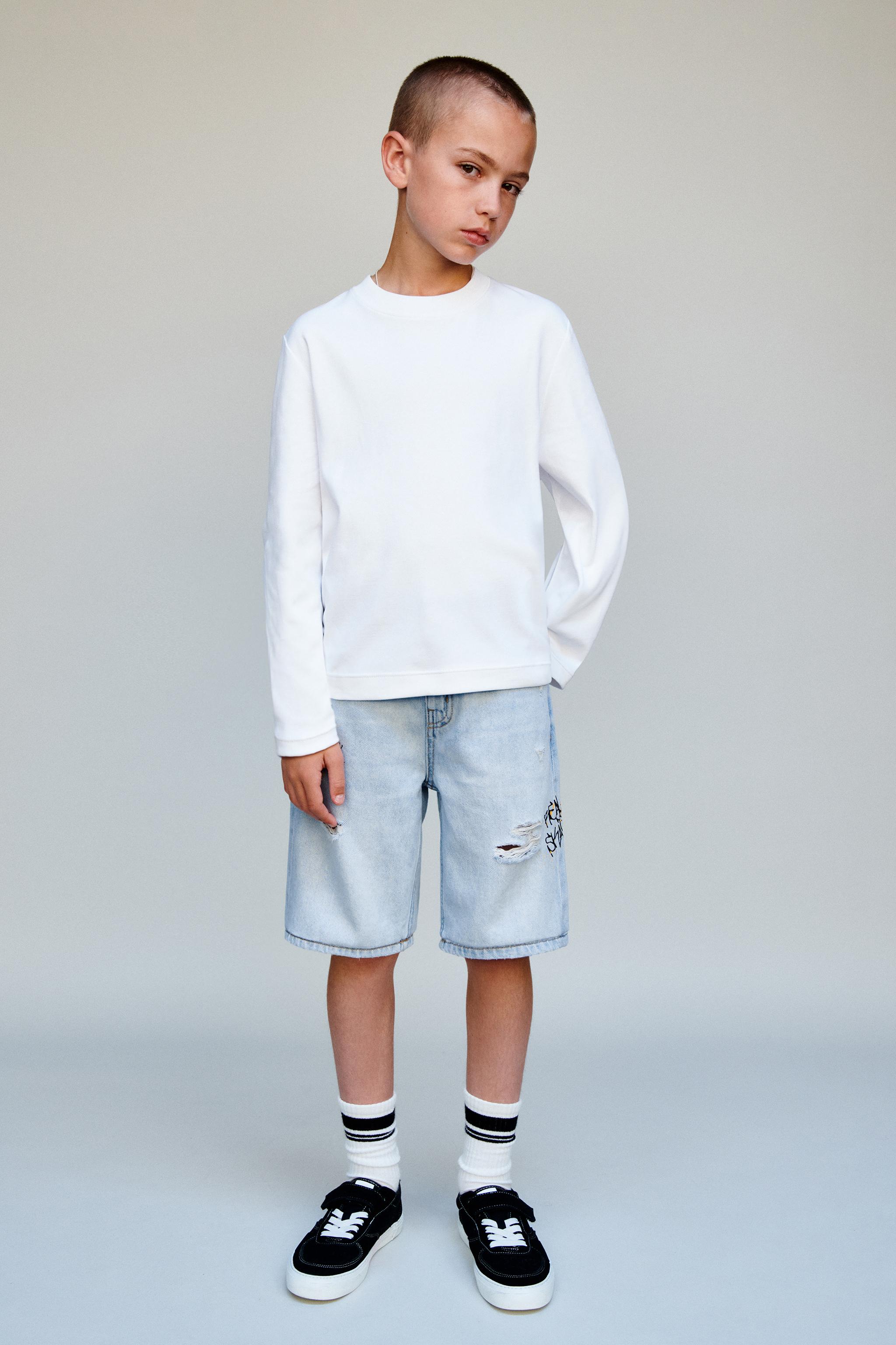 RIPPED AND GRAFFITI PRINT STRAIGHT DENIM SHORTS