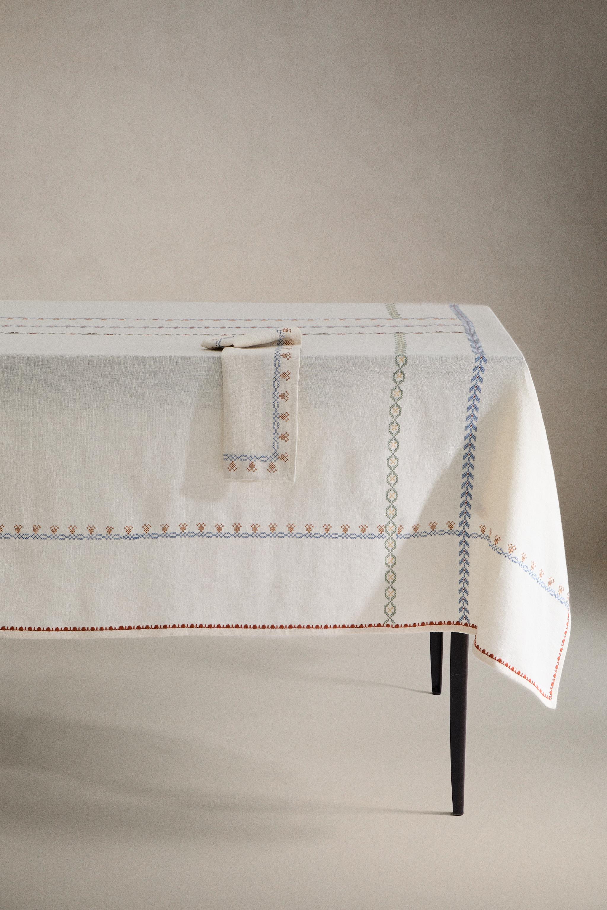 CROSS STITCH LINEN TABLECLOTH