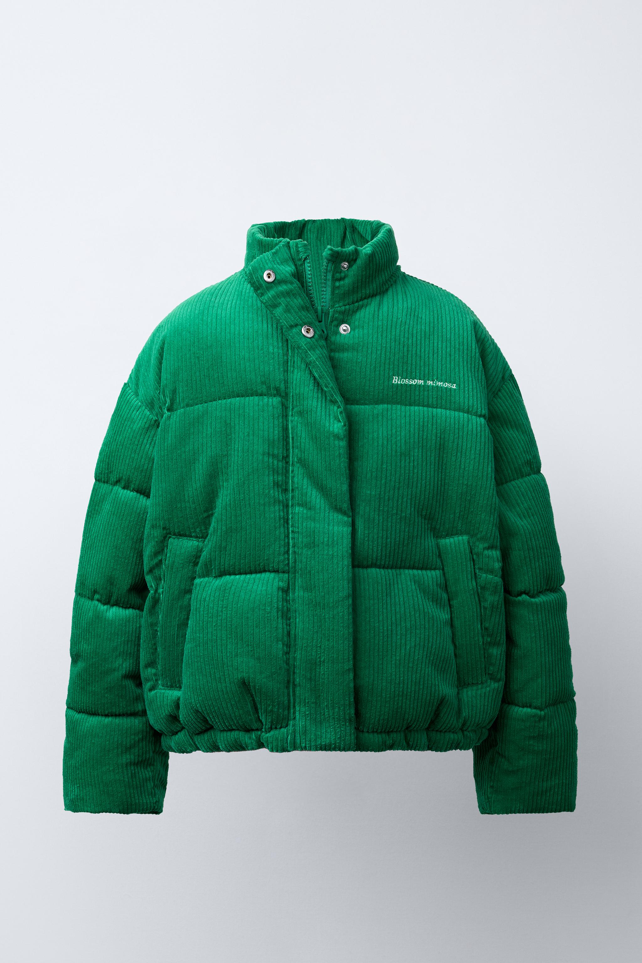EMBROIDERED TEXT CORDUROY PUFFER JACKET
