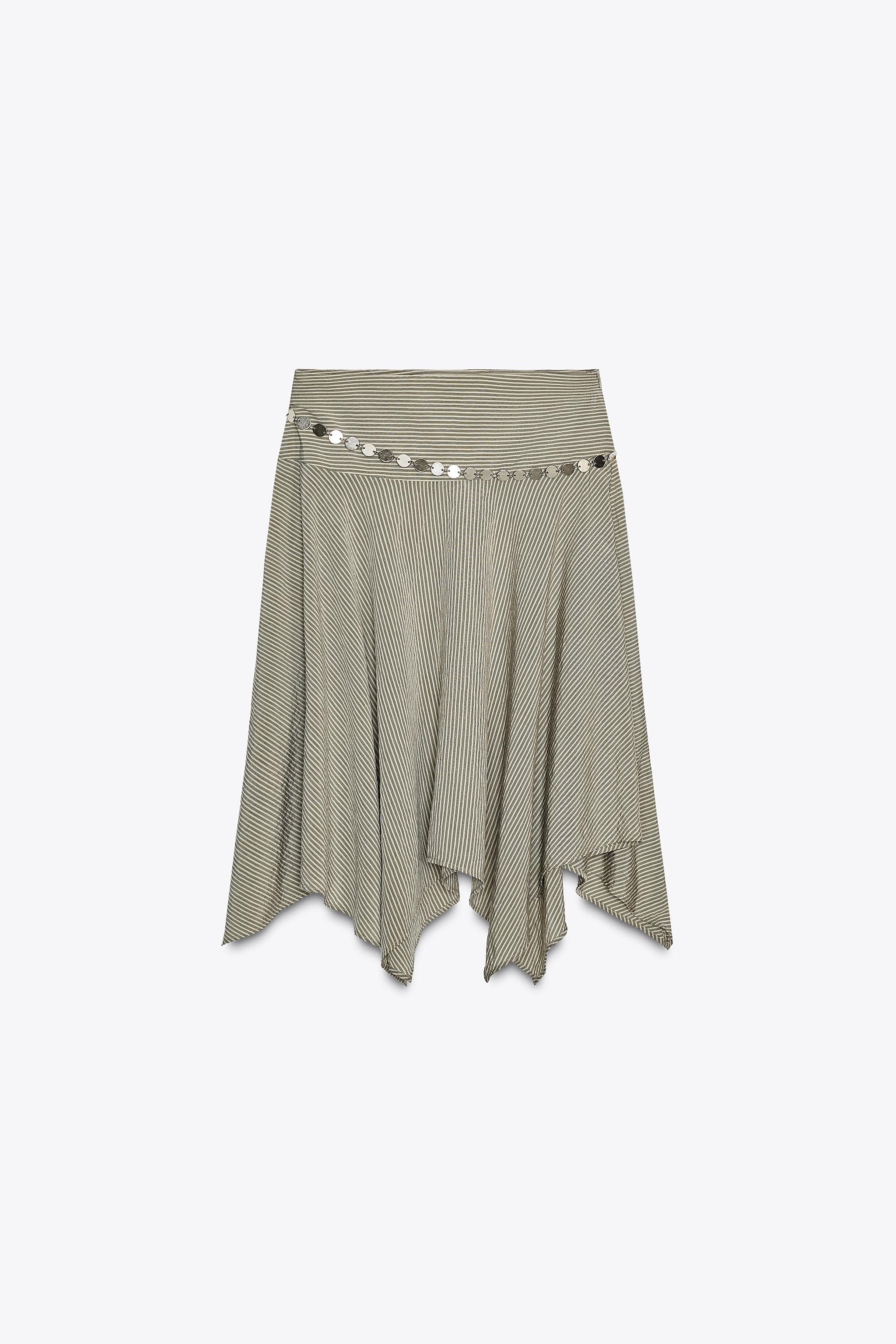 STRIPED ASYMMETRIC BELTED MIDI SKIRT