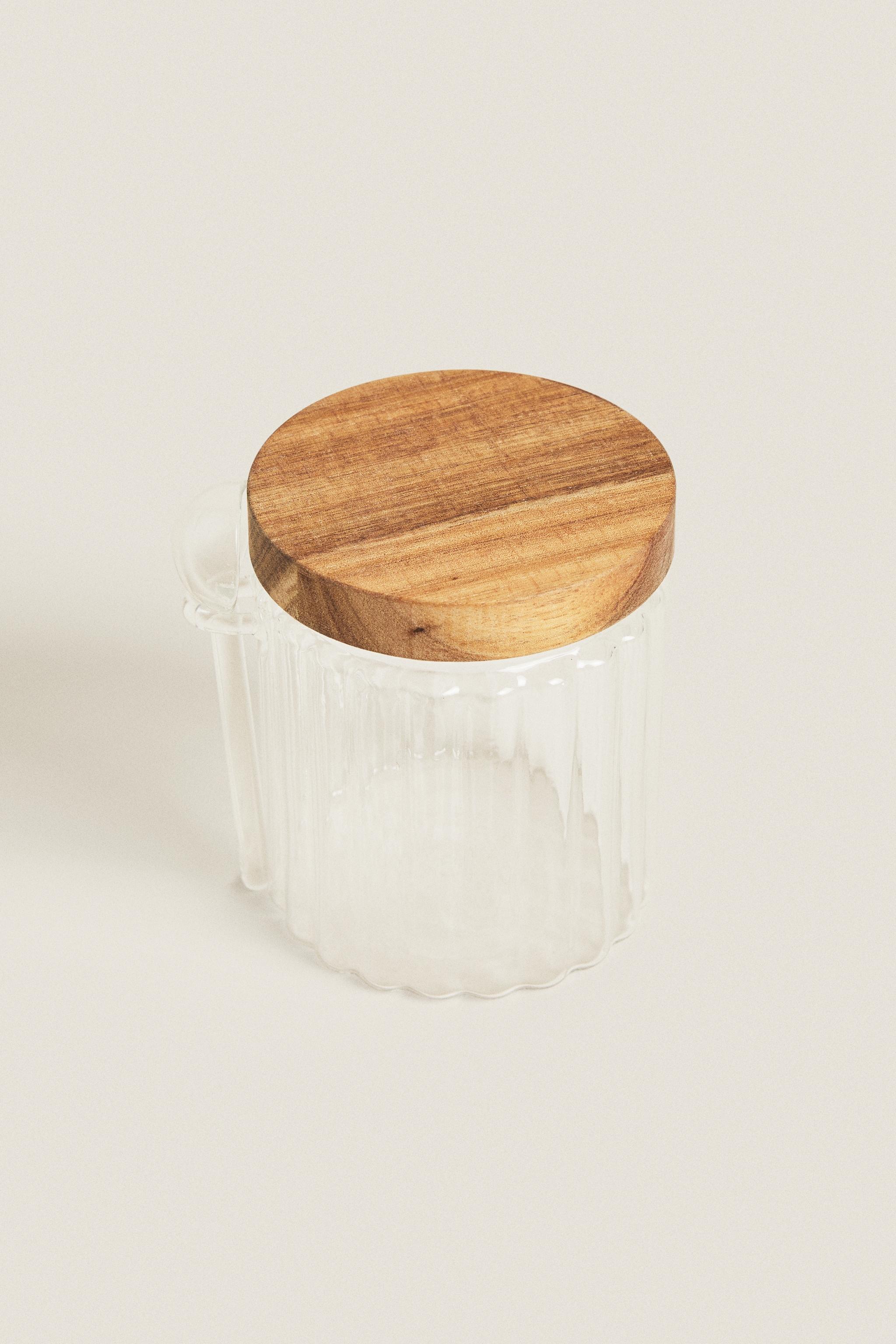 BOROSILICATE GLASS AND WOOD SUGAR BOWL