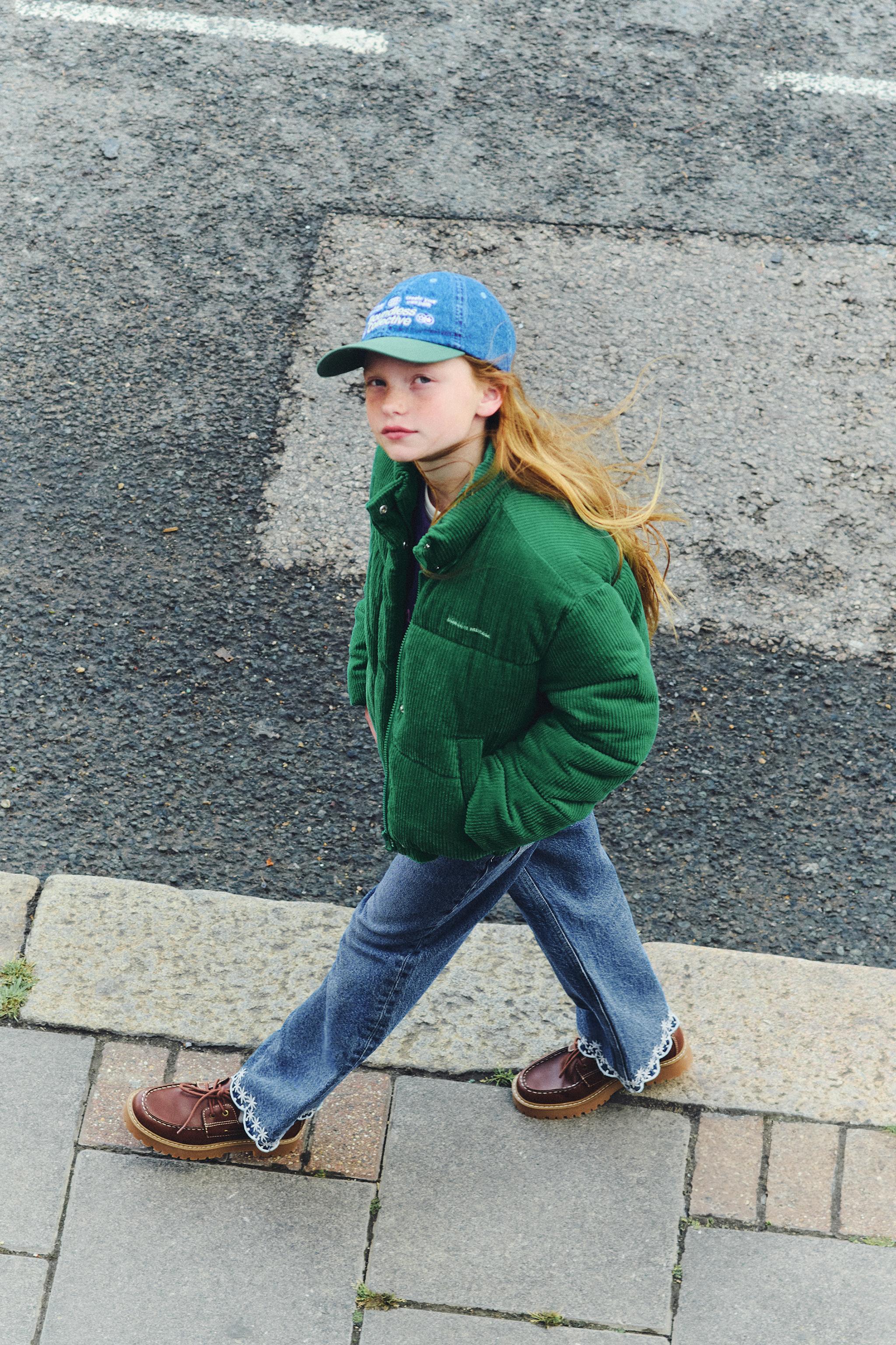 EMBROIDERED TEXT CORDUROY PUFFER JACKET