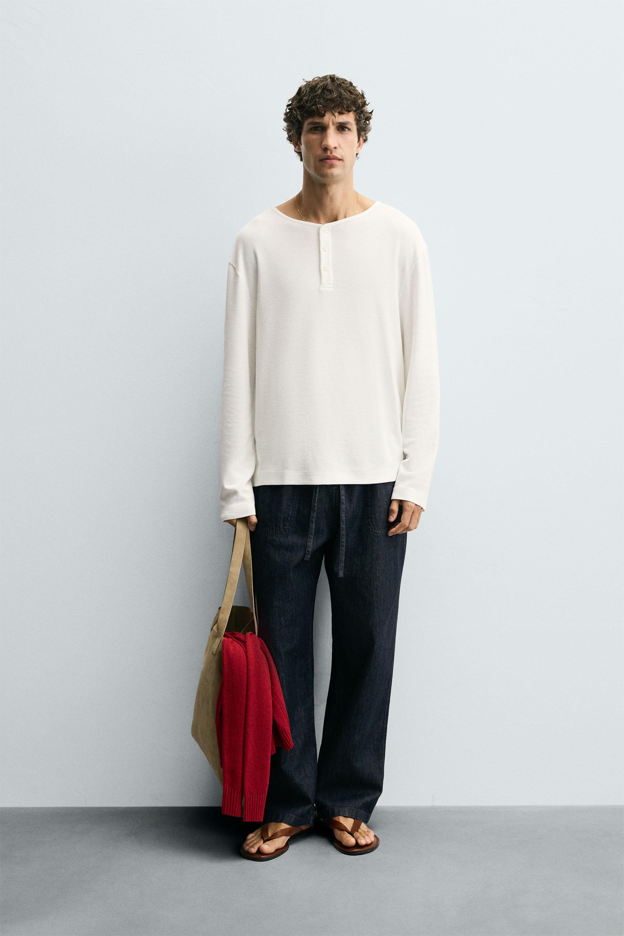 BUTTON-NECK GRID T-SHIRT